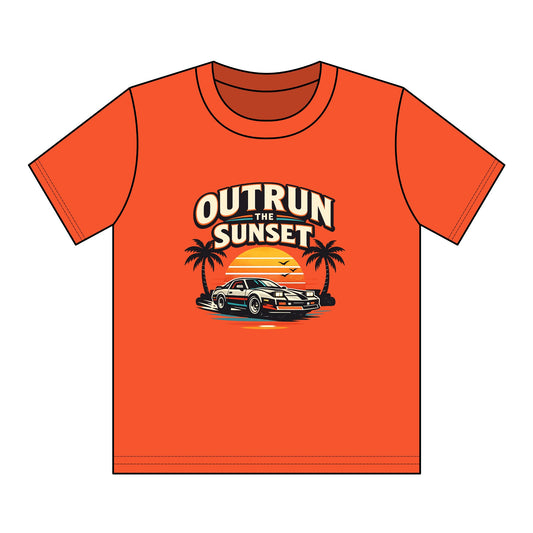 Youth Tee — "Outrun the Sunset" Retro Car Sunset Graphic