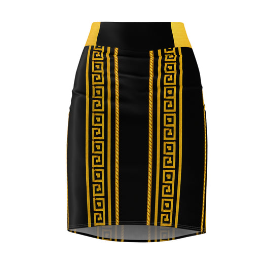 Gold Greek Key Pencil Skirt — Black & Yellow Statement Midi