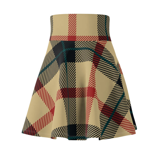 Plaid Skater Skirt — Vintage Beige & Red Tartan AOP