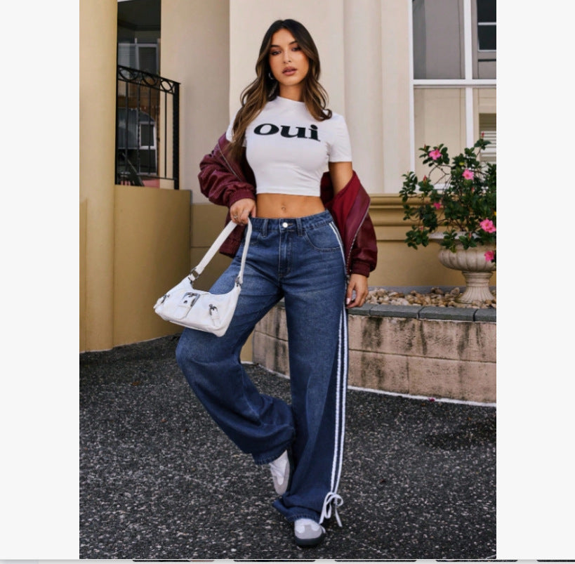 Elastic Wide-Leg Blue Jeans with White Stripe Bow Pattern, Domestic First and Second Tier Brand