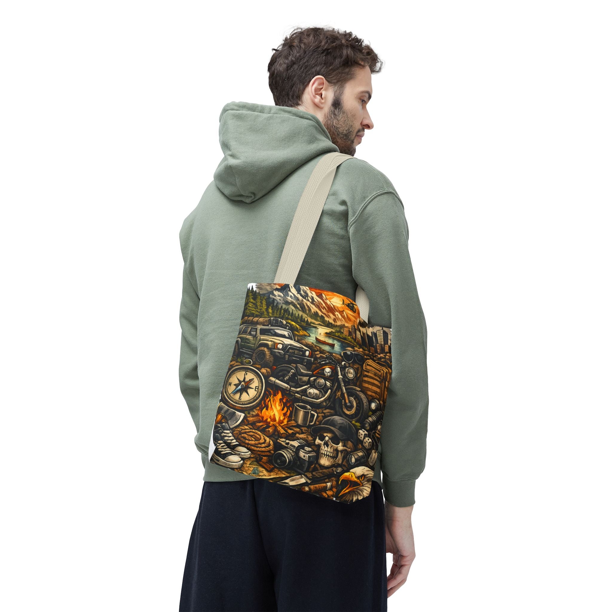 Adventure Motorcycle Tote Bag — Campfire Road Trip All-Over Print