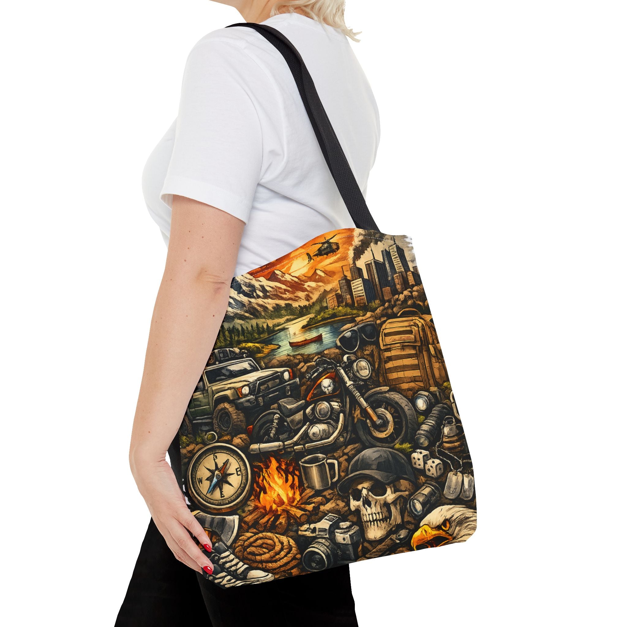 Adventure Motorcycle Tote Bag — Campfire Road Trip All-Over Print