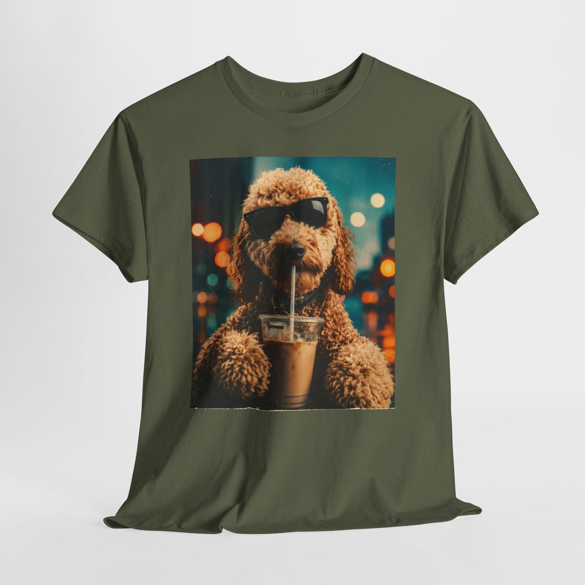 Dog with Coffee T-Shirt — Cool Poodle Drinking Iced Coffee Graphic Tee