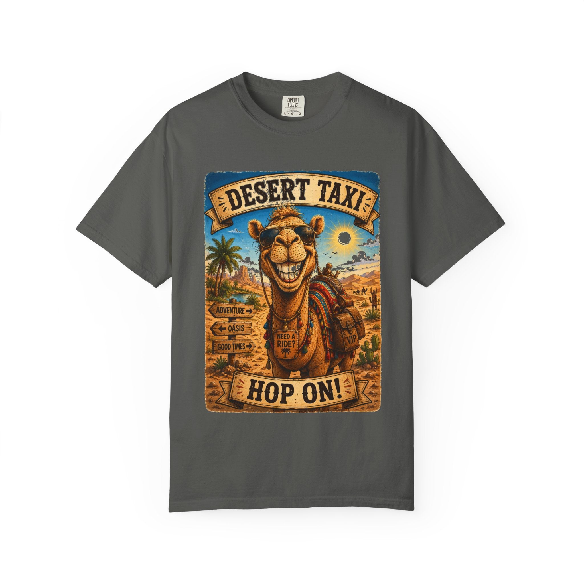 Desert Taxi Camel T-Shirt — 'Hop On!' Retro Desert Travel Tee