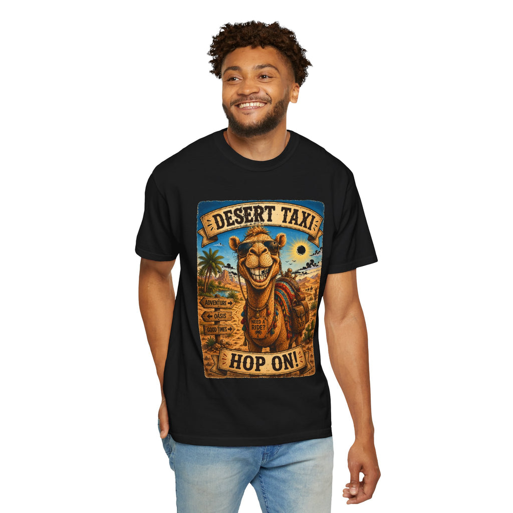Desert Taxi Camel T-Shirt — 'Hop On!' Retro Desert Travel Tee