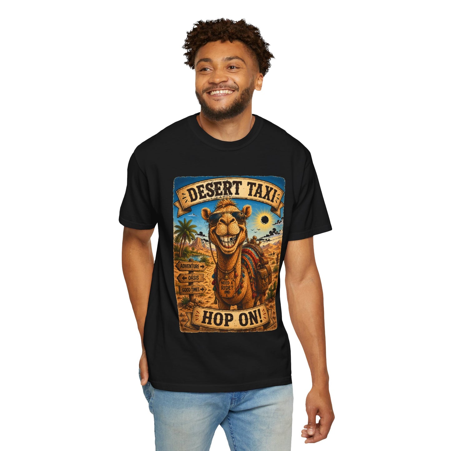 Desert Taxi Camel T-Shirt — 'Hop On!' Retro Desert Travel Tee