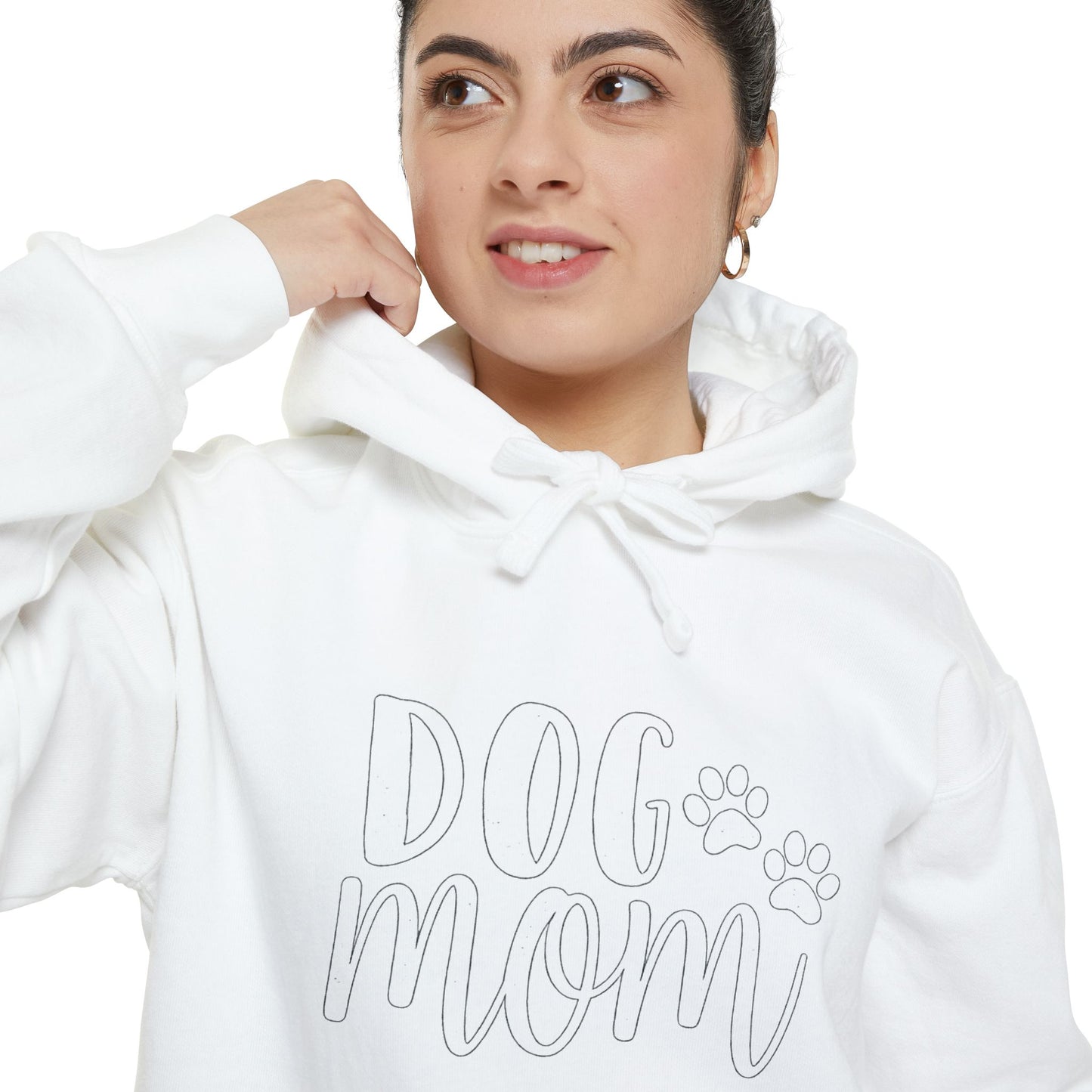 Dog Mom Hoodie — Cozy Garment-Dyed Pullover with Paw Print Script