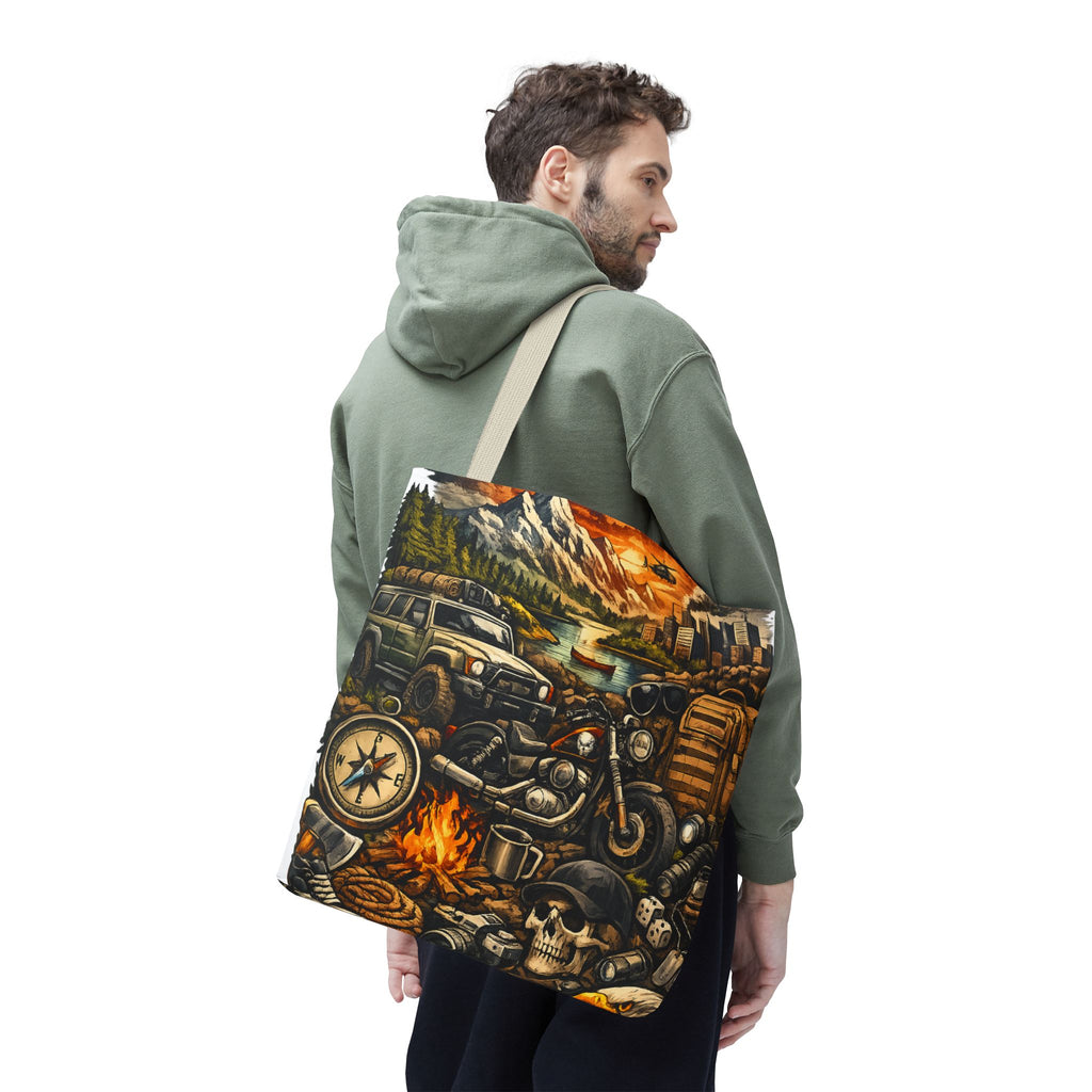 Adventure Motorcycle Tote Bag — Campfire Road Trip All-Over Print