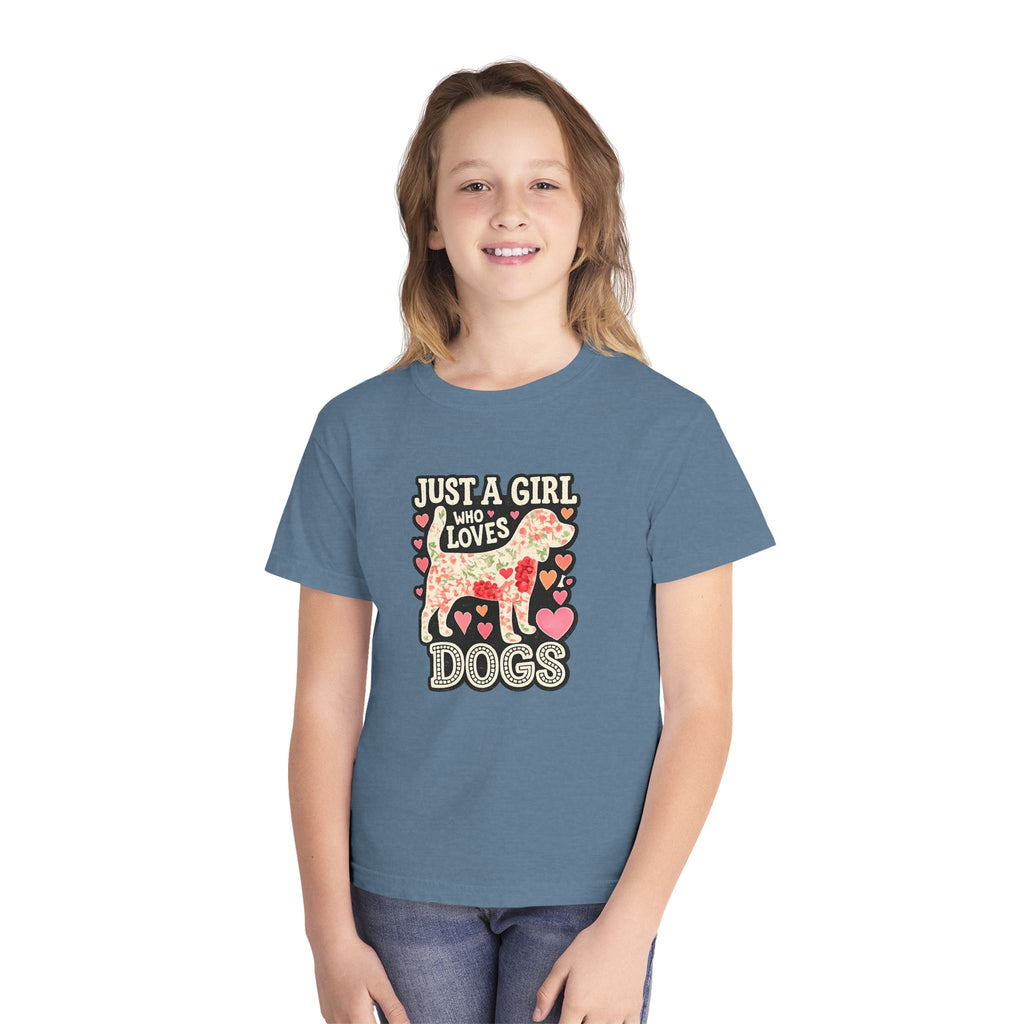 Youth Tee — "Just a Girl Who Loves Dogs" Cute Heart Dog Graphic