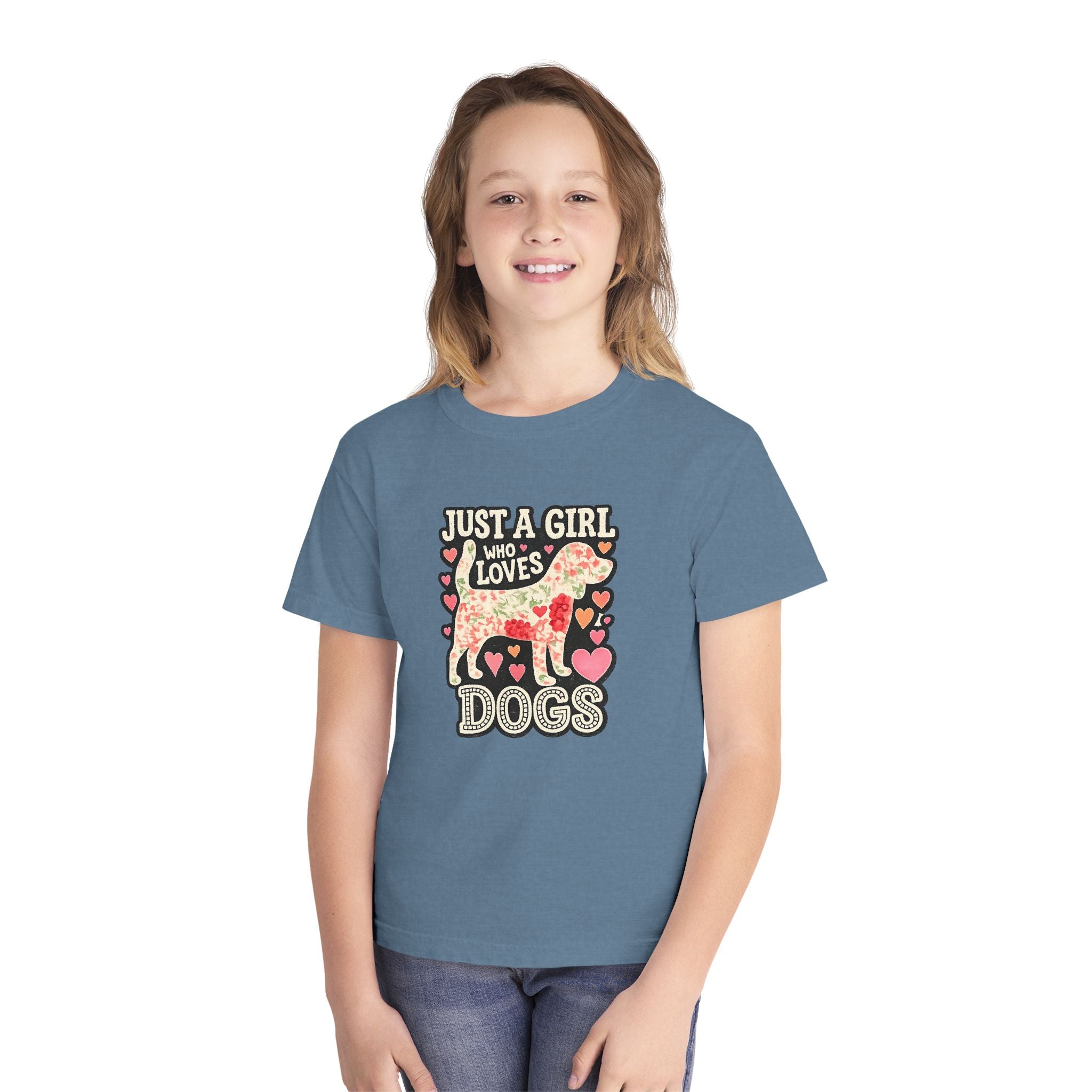 Youth Tee — "Just a Girl Who Loves Dogs" Cute Heart Dog Graphic