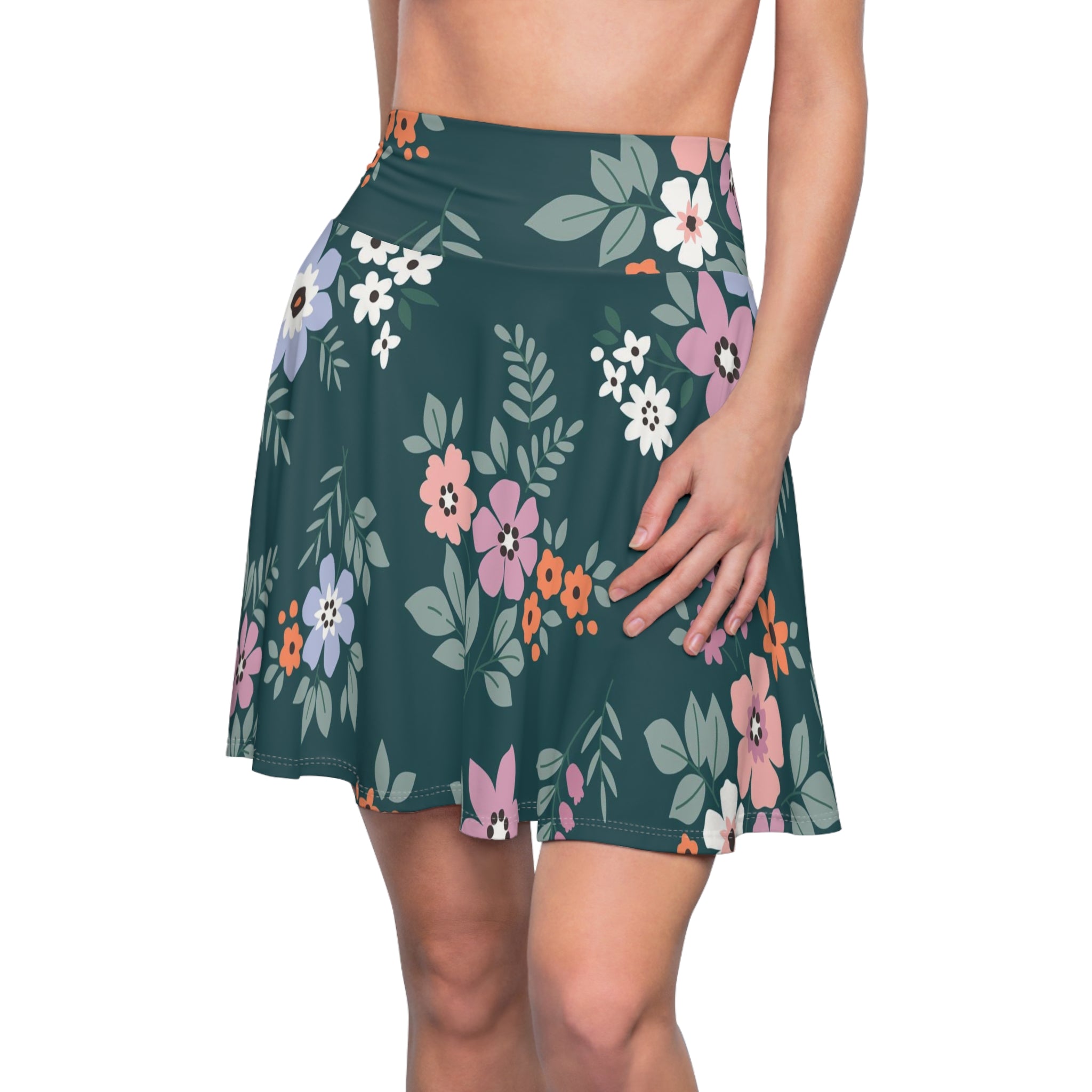 Floral Teal Skater Skirt — Pink & Peach Blossom AOP