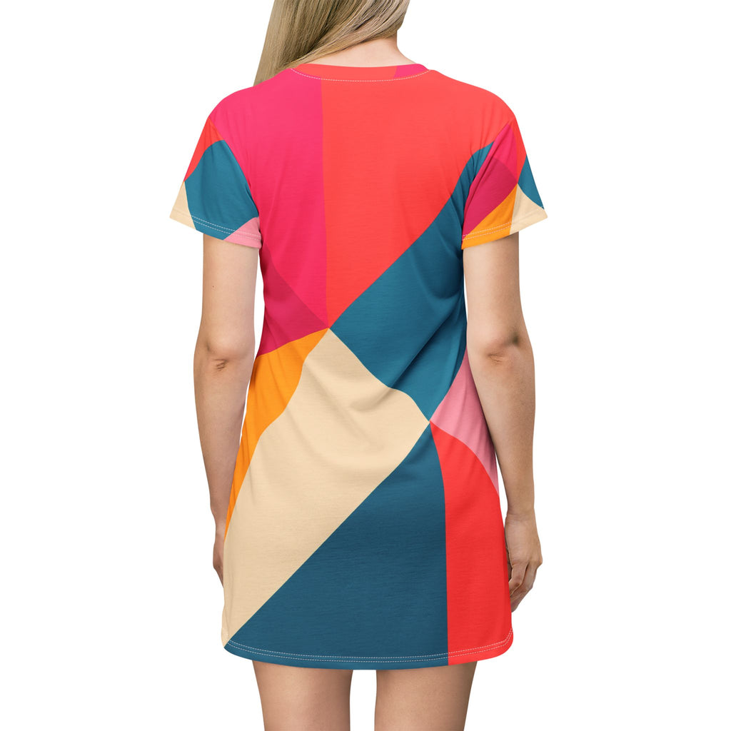 Geometric Colorblock T-Shirt Dress – Bright Abstract AOP