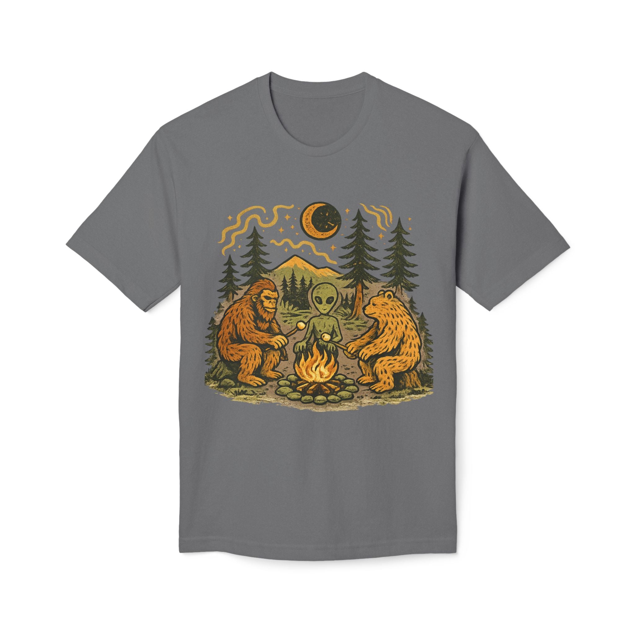 Alien Campfire Tee — Bigfoot & Bear Night Camp Graphic T-Shirt