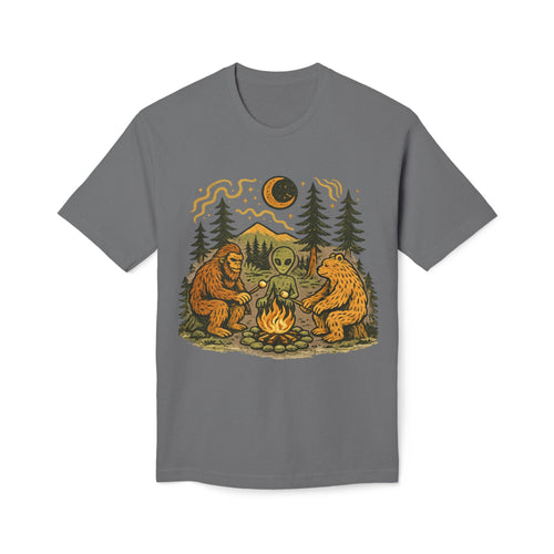 Alien Campfire Tee — Bigfoot & Bear Night Camp Graphic T-Shirt