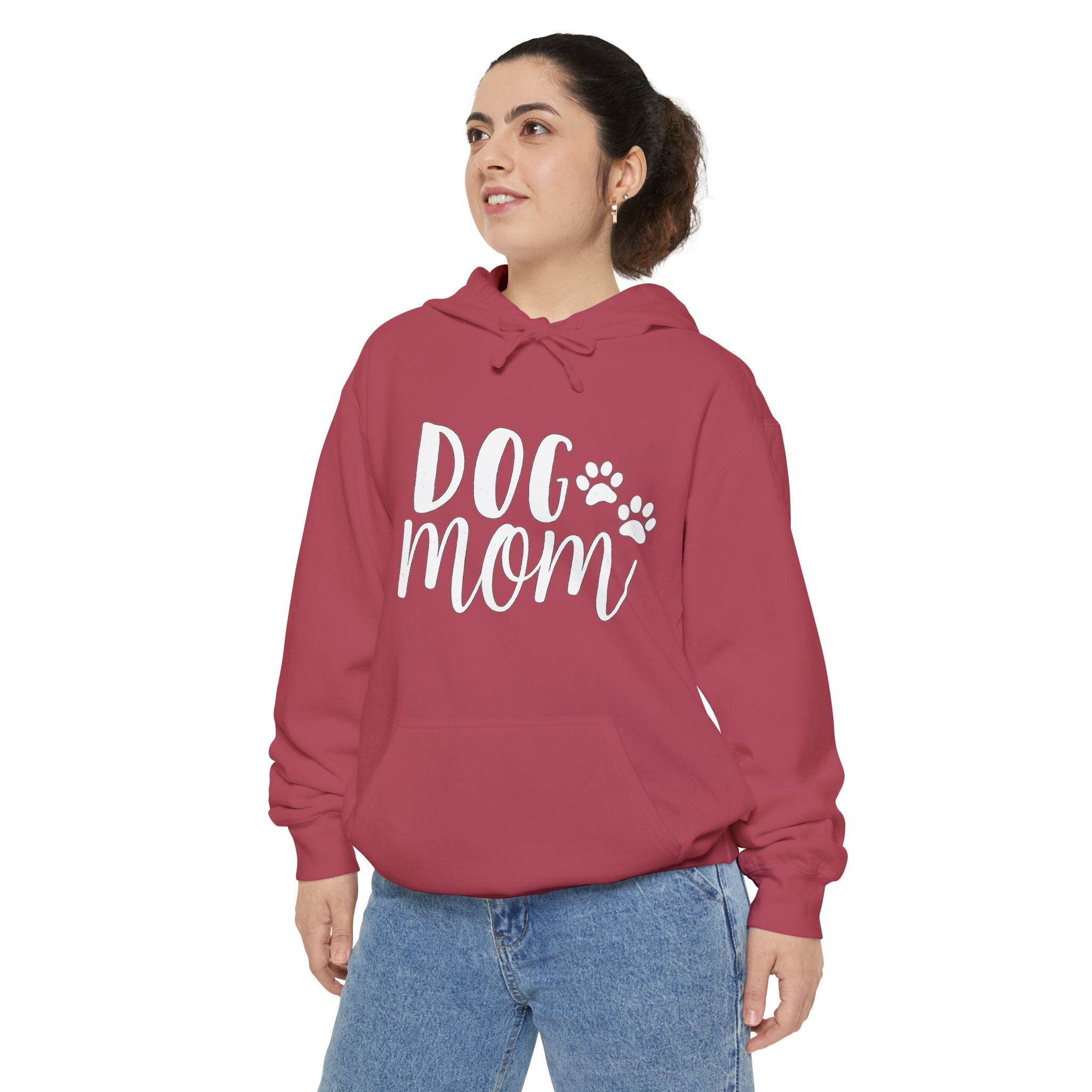 Dog Mom Hoodie — Cozy Garment-Dyed Pullover with Paw Print Script
