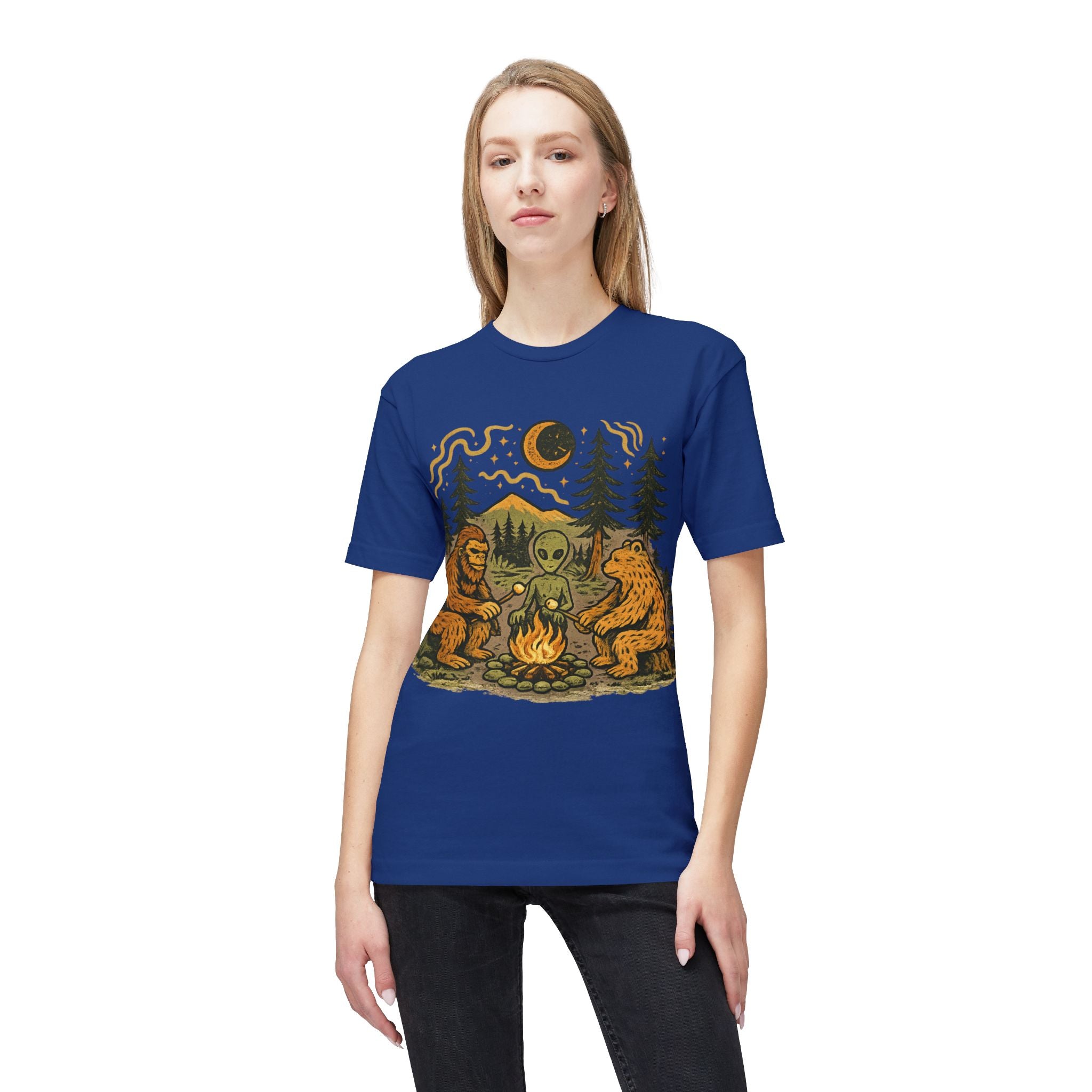 Alien Campfire Tee — Bigfoot & Bear Night Camp Graphic T-Shirt