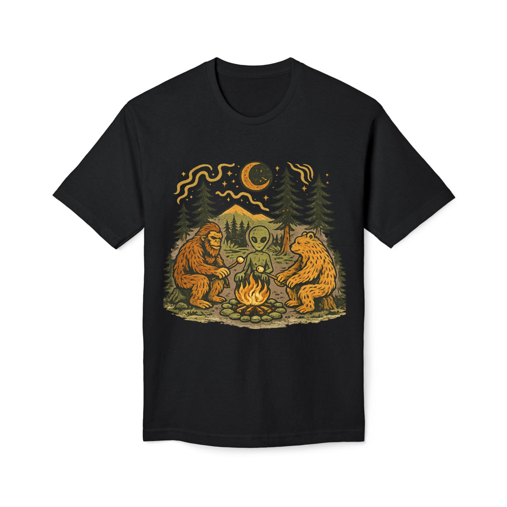 Alien Campfire Tee — Bigfoot & Bear Night Camp Graphic T-Shirt