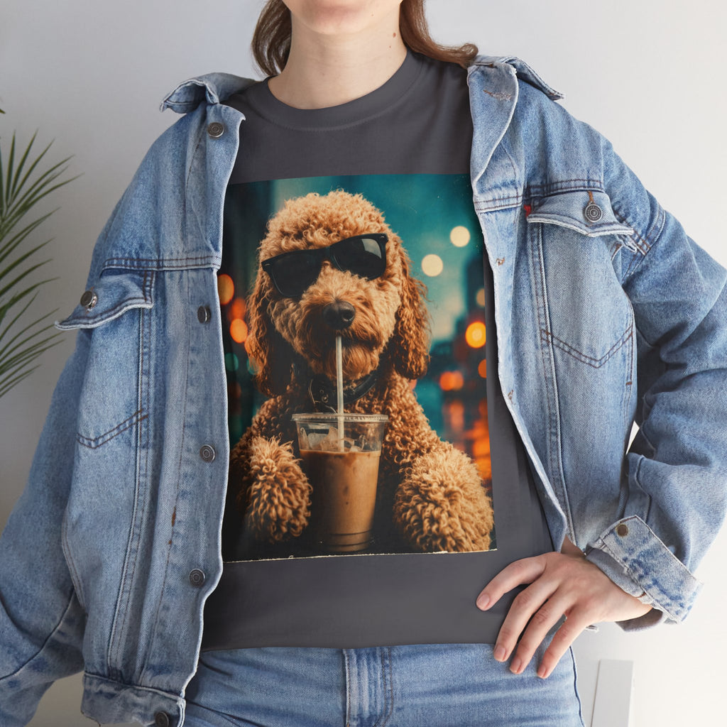 Dog with Coffee T-Shirt — Cool Poodle Drinking Iced Coffee Graphic Tee