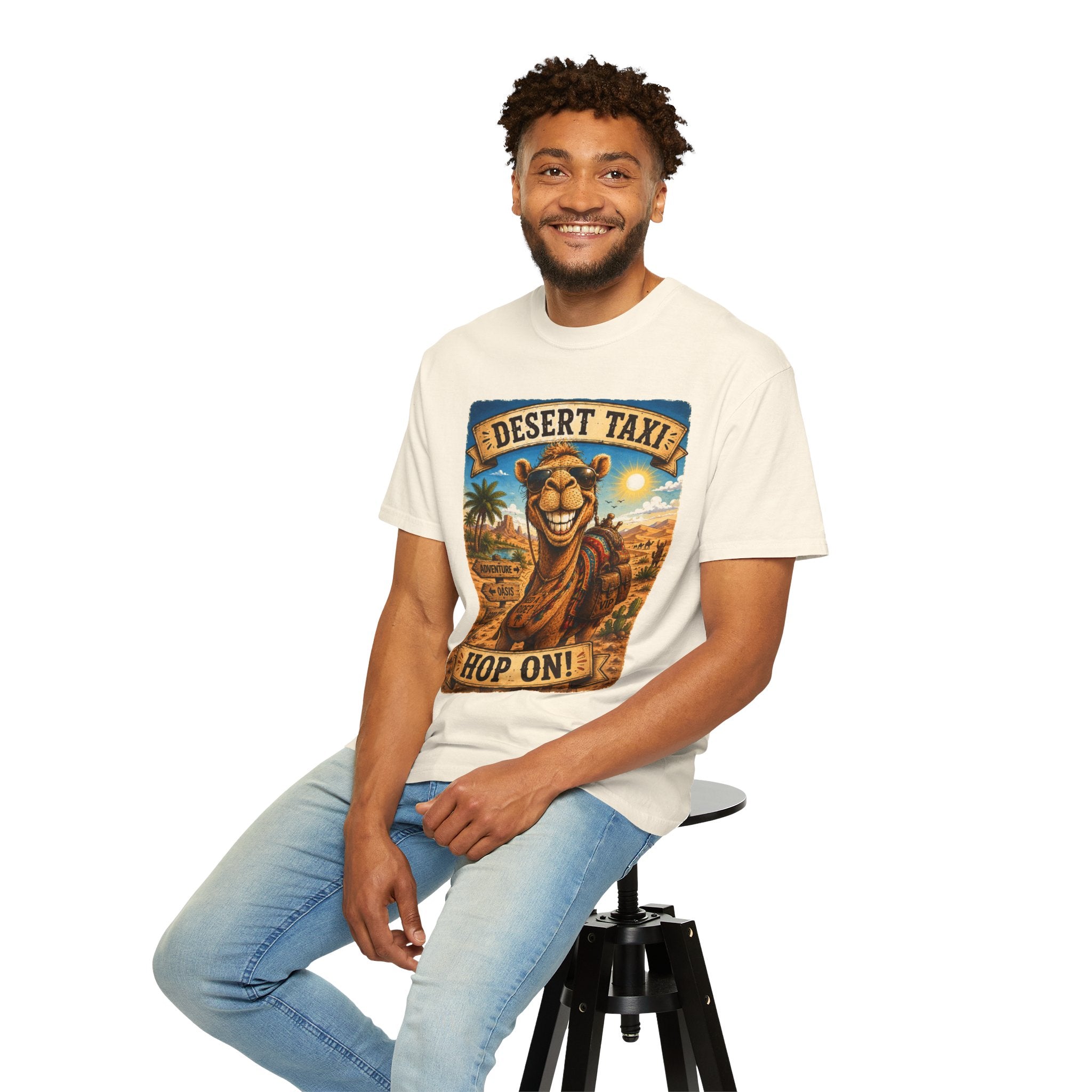 Desert Taxi Camel T-Shirt — 'Hop On!' Retro Desert Travel Tee