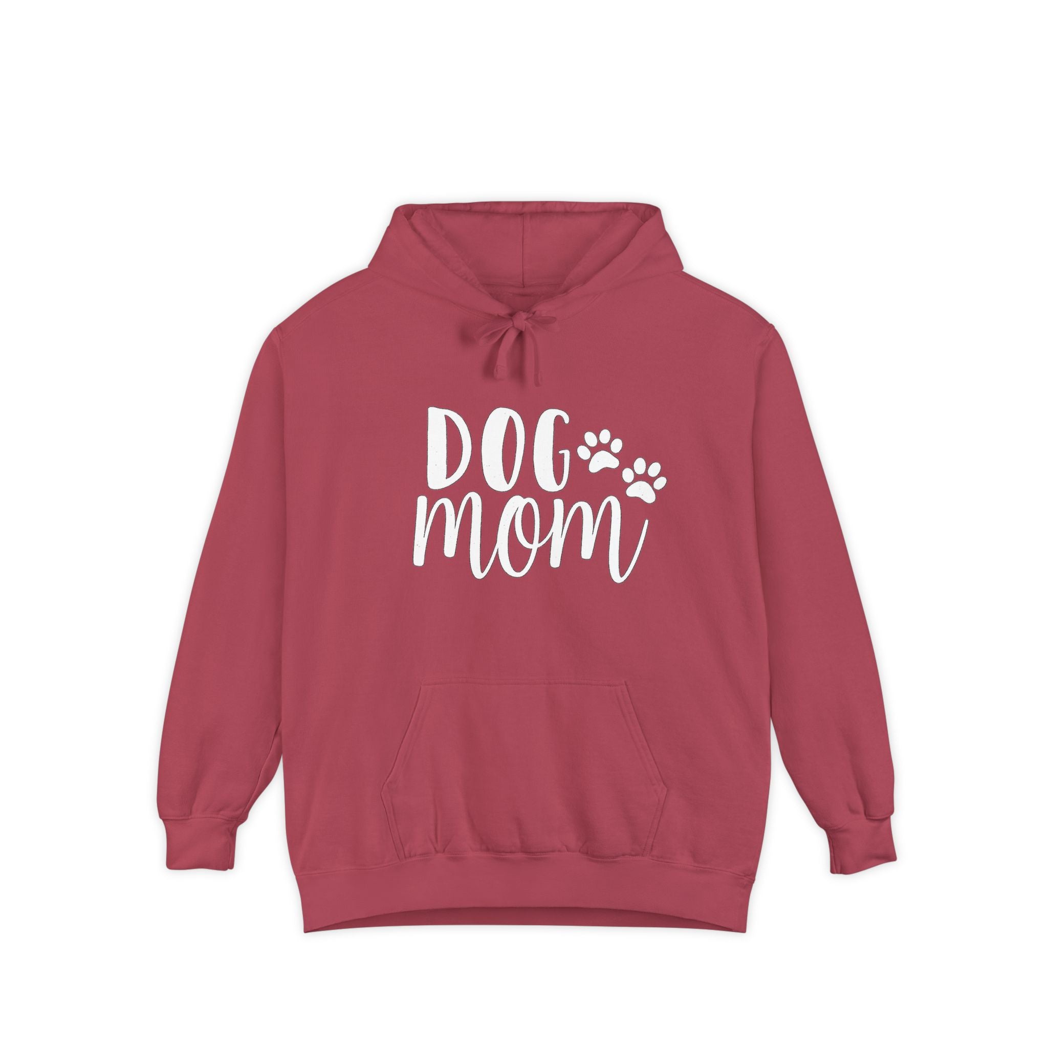 Dog Mom Hoodie — Cozy Garment-Dyed Pullover with Paw Print Script