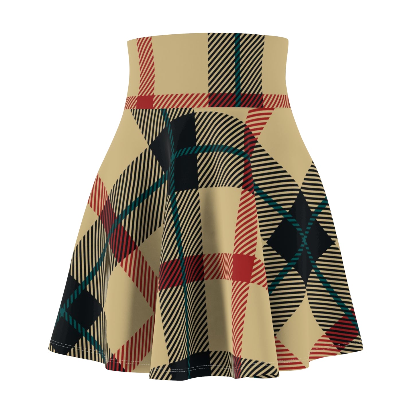 Plaid Skater Skirt — Vintage Beige & Red Tartan AOP