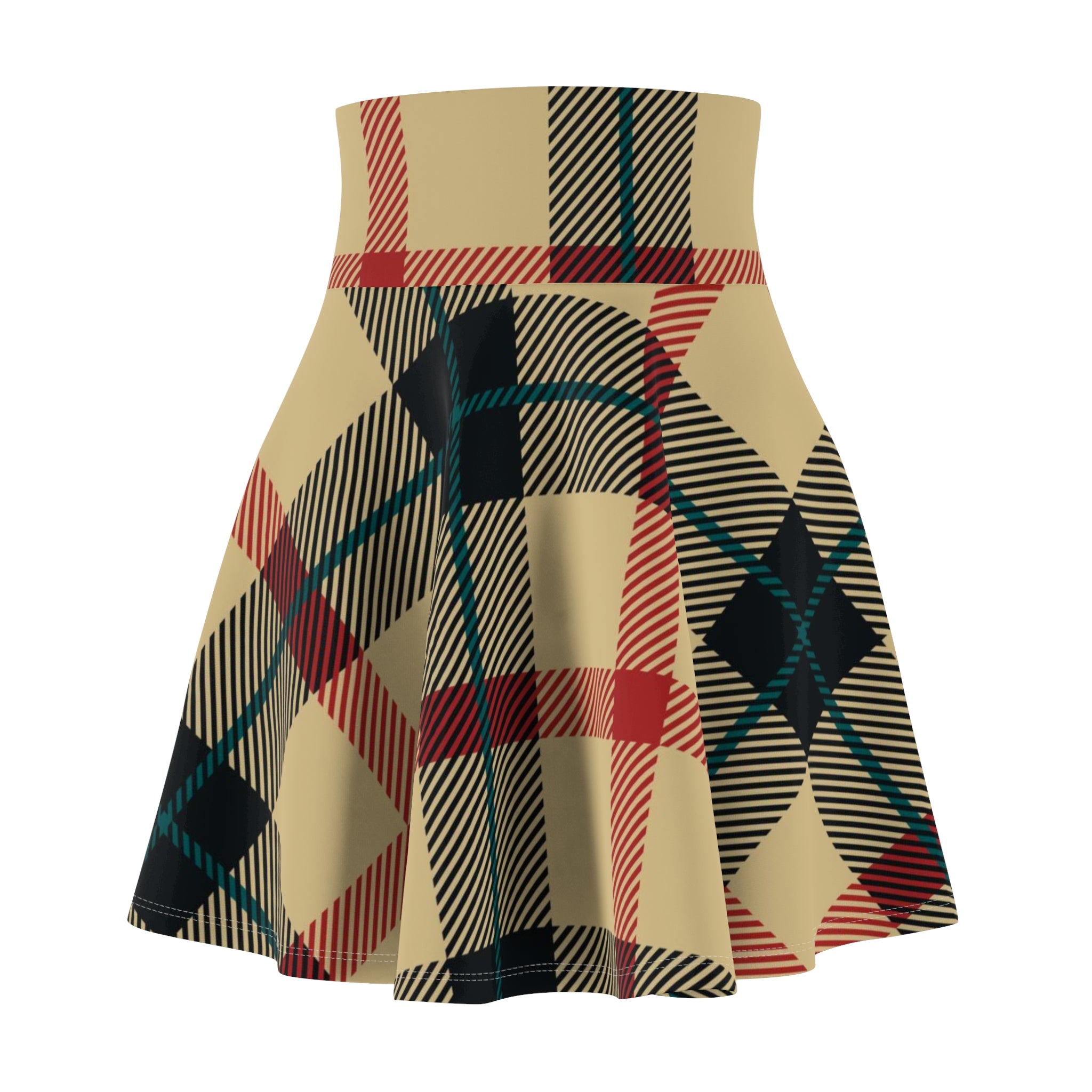 Plaid Skater Skirt — Vintage Beige & Red Tartan AOP