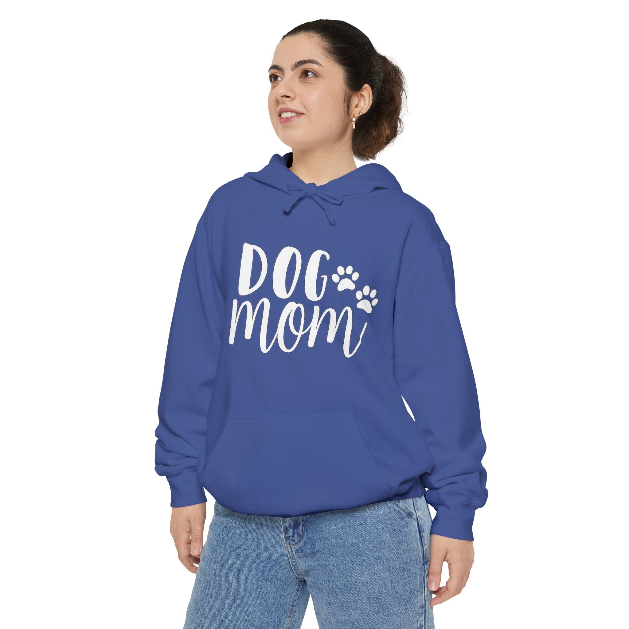 Dog Mom Hoodie — Cozy Garment-Dyed Pullover with Paw Print Script
