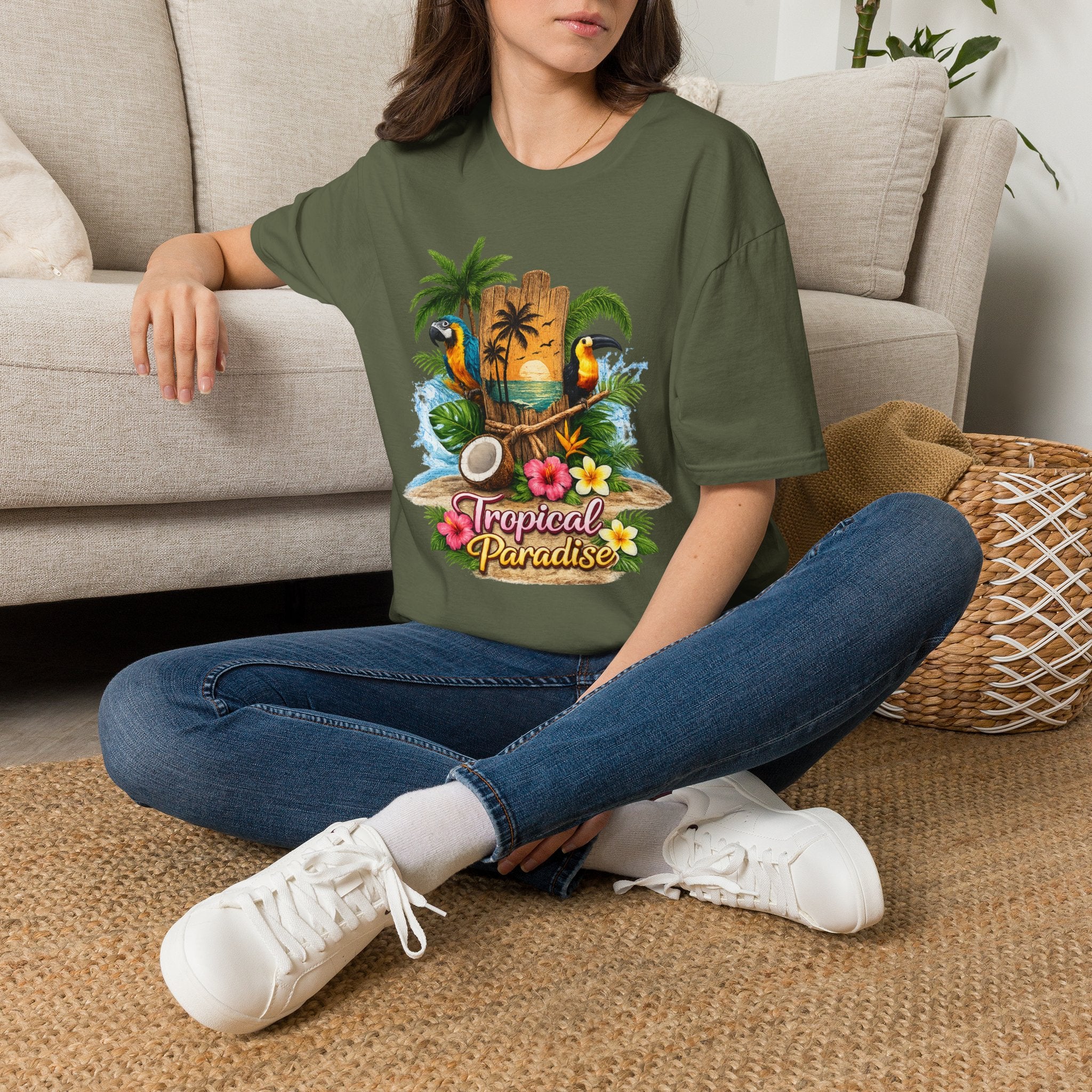 T-Shirt — Tropical Paradise Parrots Beach Graphic Tee