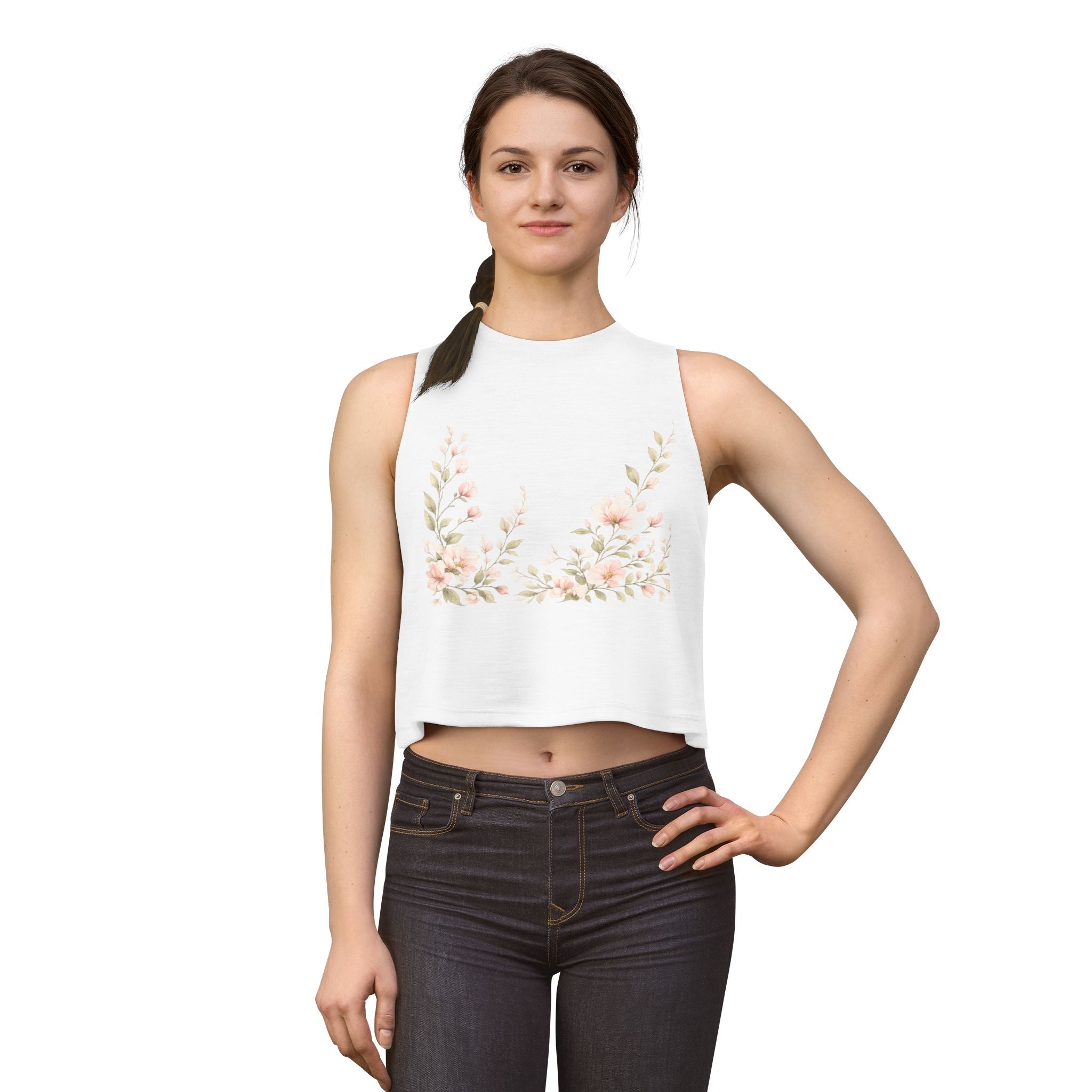 Floral Crop Top — Soft Pink Watercolor Blossoms