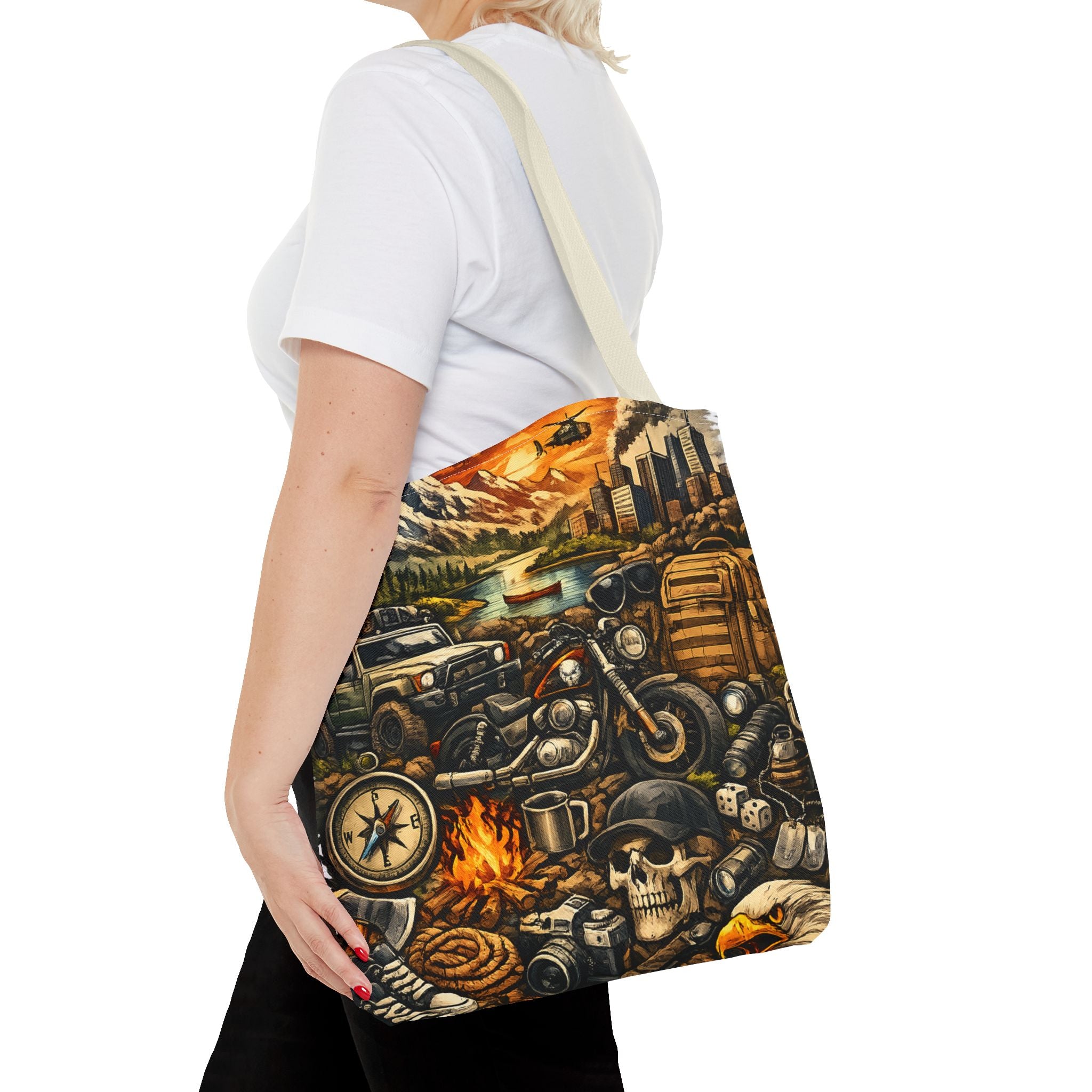 Adventure Motorcycle Tote Bag — Campfire Road Trip All-Over Print