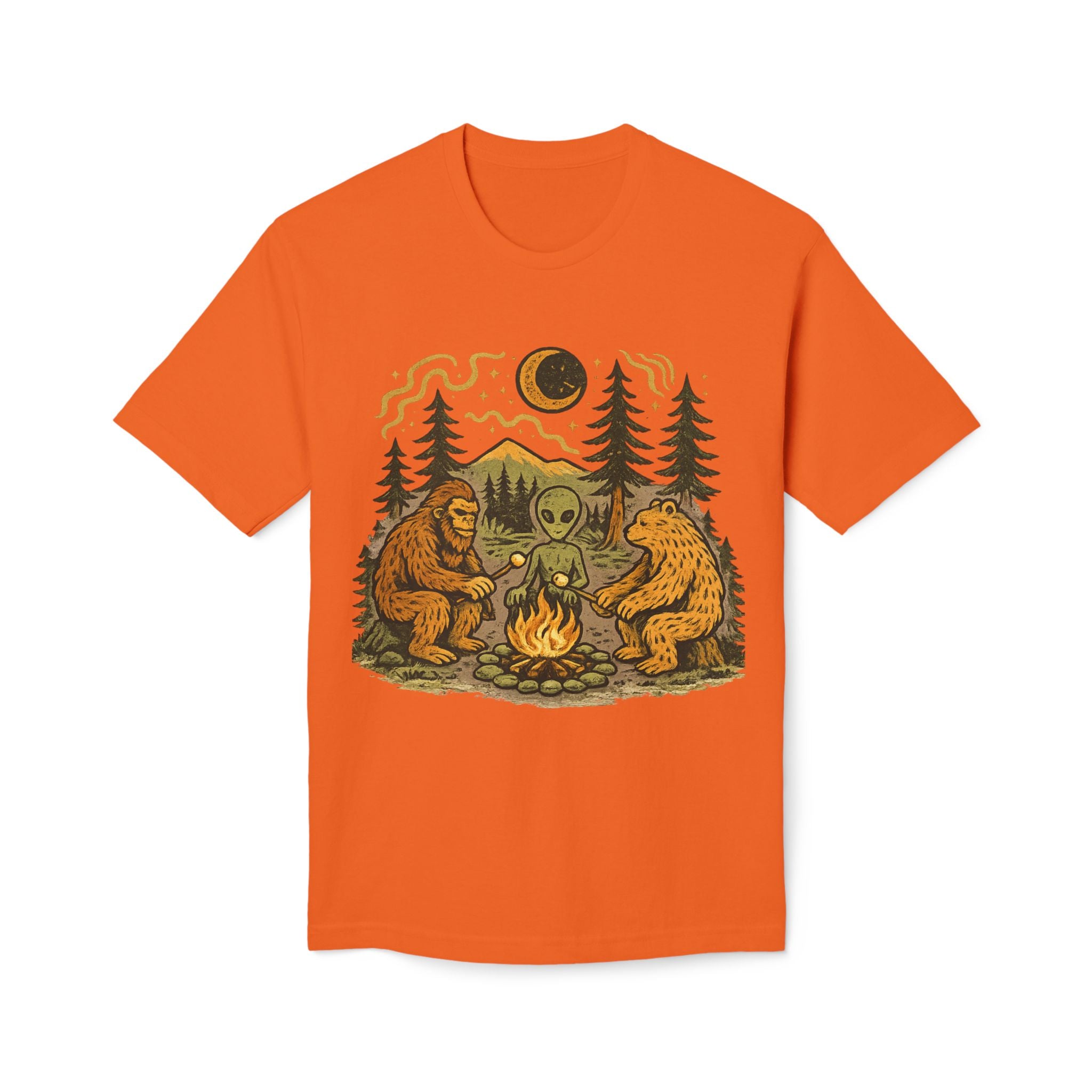 Alien Campfire Tee — Bigfoot & Bear Night Camp Graphic T-Shirt