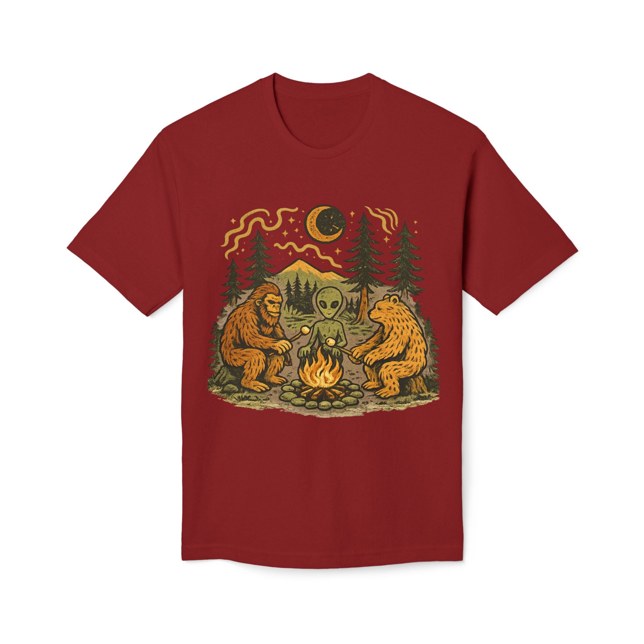 Alien Campfire Tee — Bigfoot & Bear Night Camp Graphic T-Shirt