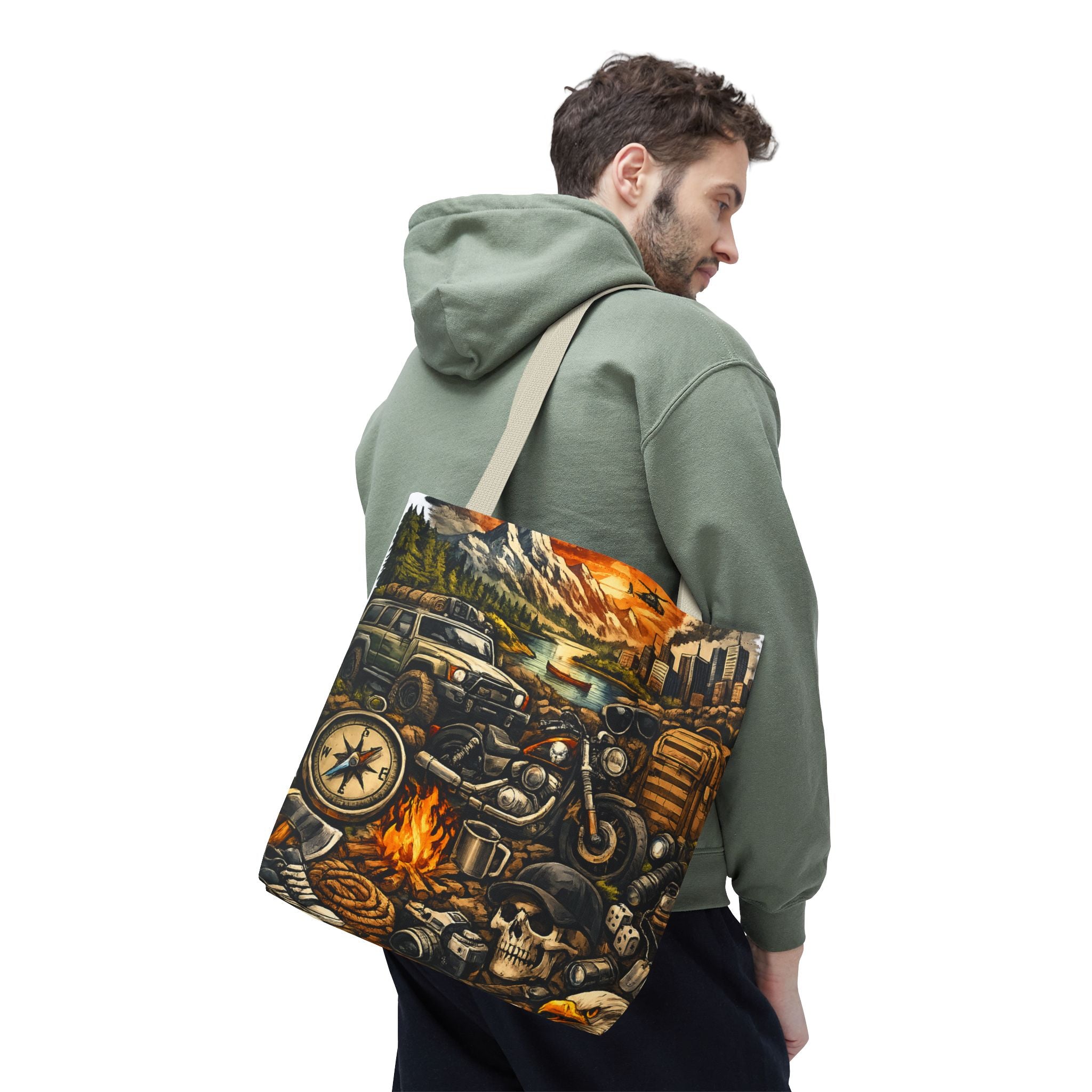 Adventure Motorcycle Tote Bag — Campfire Road Trip All-Over Print