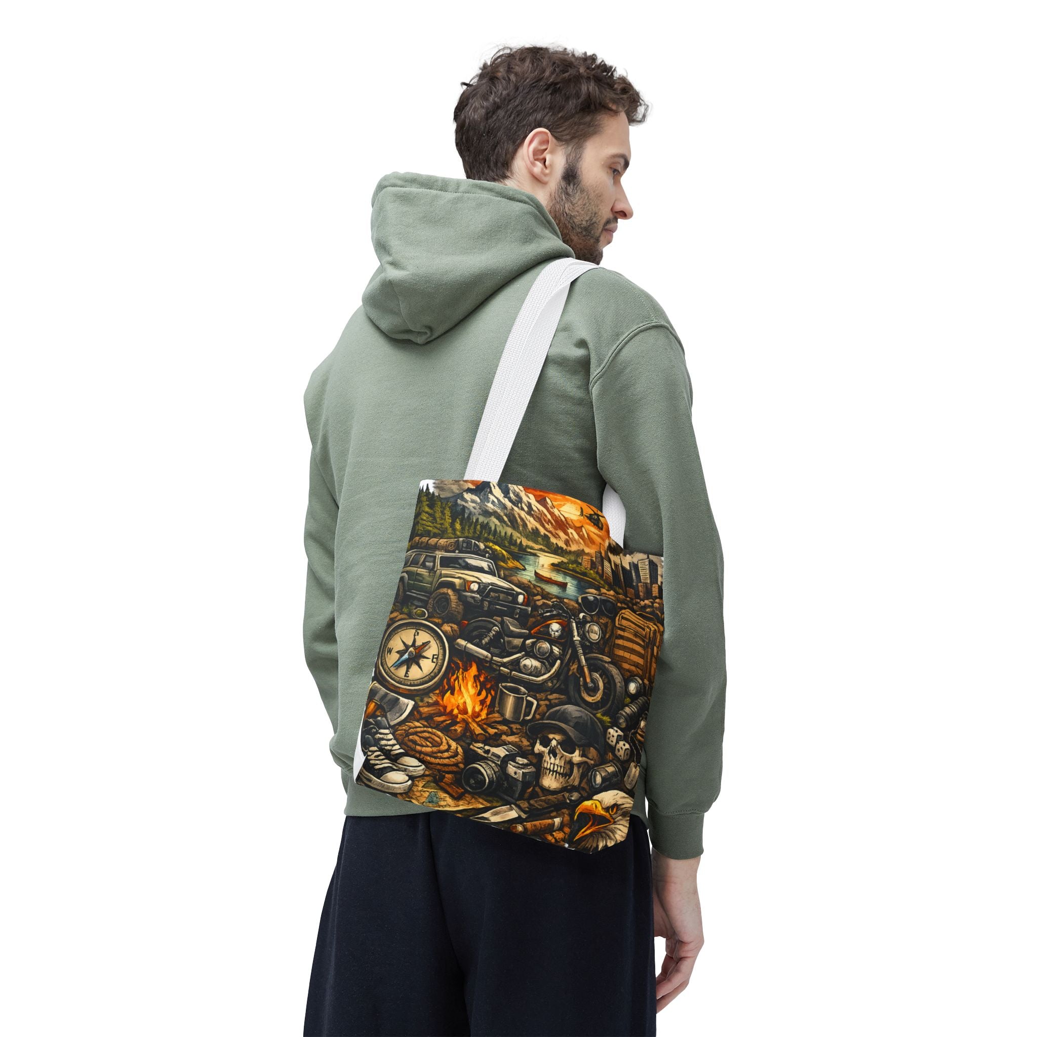 Adventure Motorcycle Tote Bag — Campfire Road Trip All-Over Print