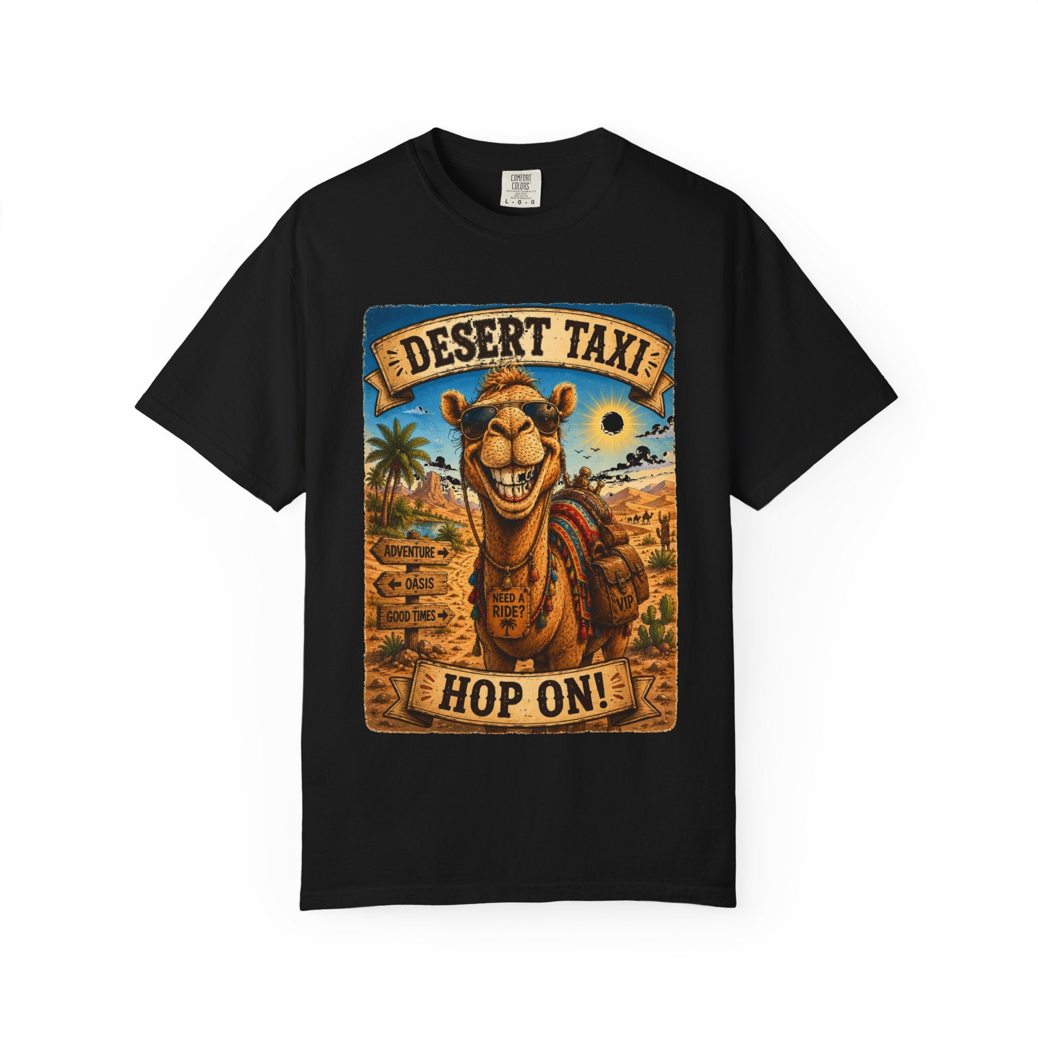 Desert Taxi Camel T-Shirt — 'Hop On!' Retro Desert Travel Tee