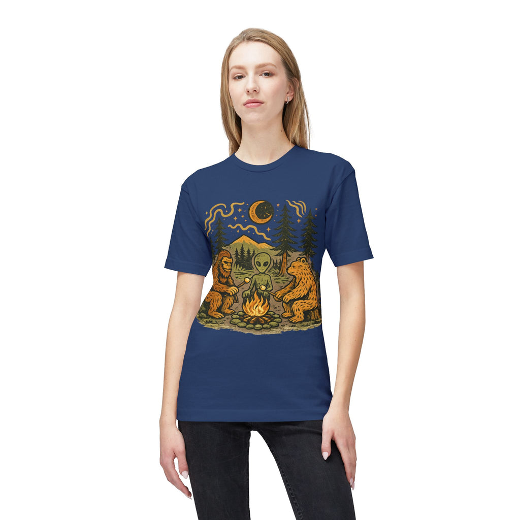 Alien Campfire Tee — Bigfoot & Bear Night Camp Graphic T-Shirt