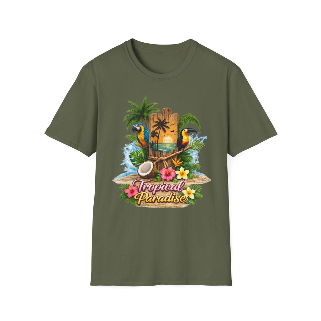 T-Shirt — Tropical Paradise Parrots Beach Graphic Tee