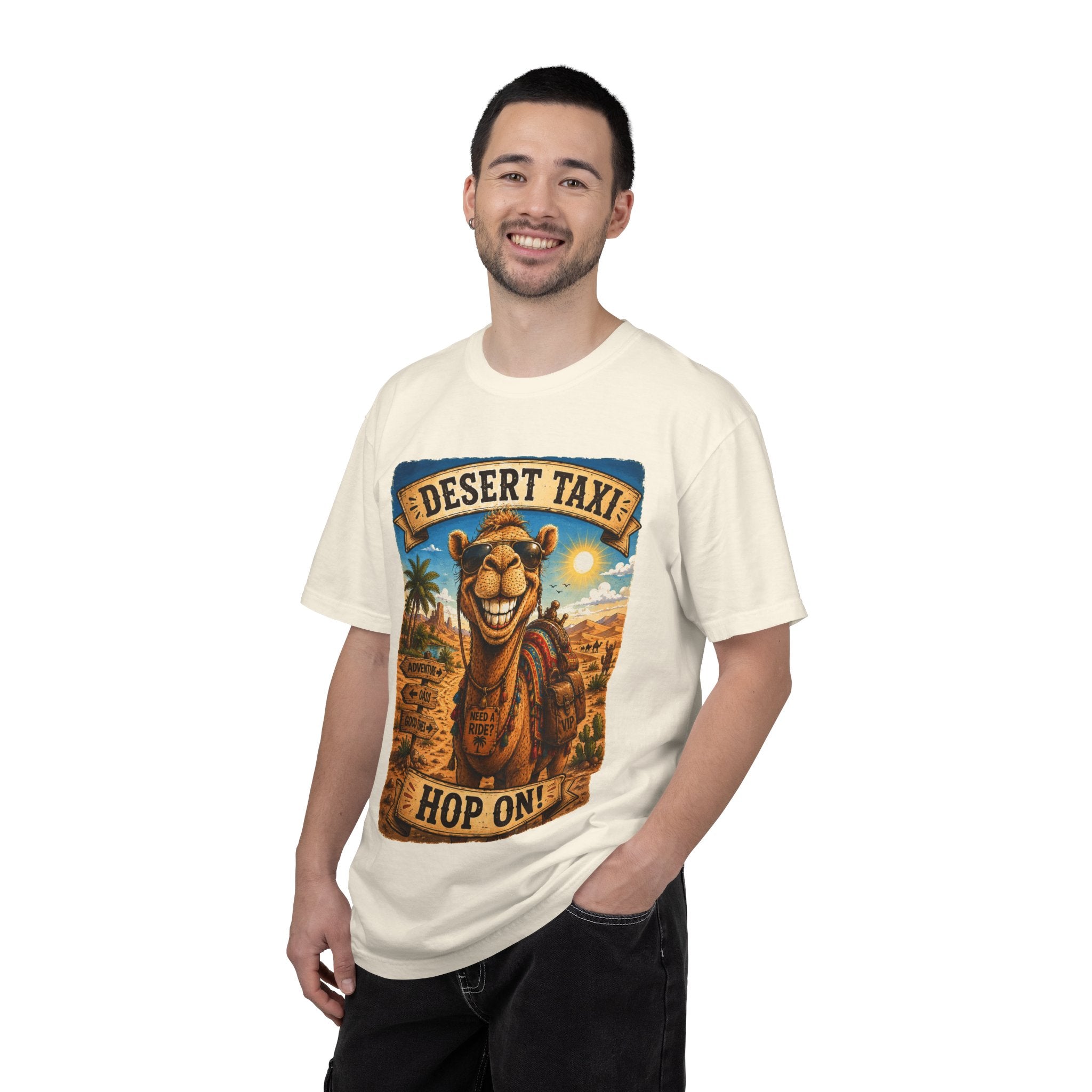 Desert Taxi Camel T-Shirt — 'Hop On!' Retro Desert Travel Tee