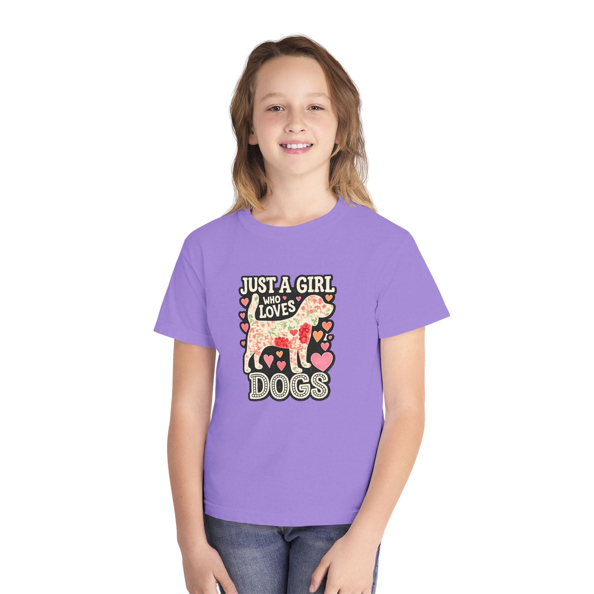 Youth Tee — "Just a Girl Who Loves Dogs" Cute Heart Dog Graphic