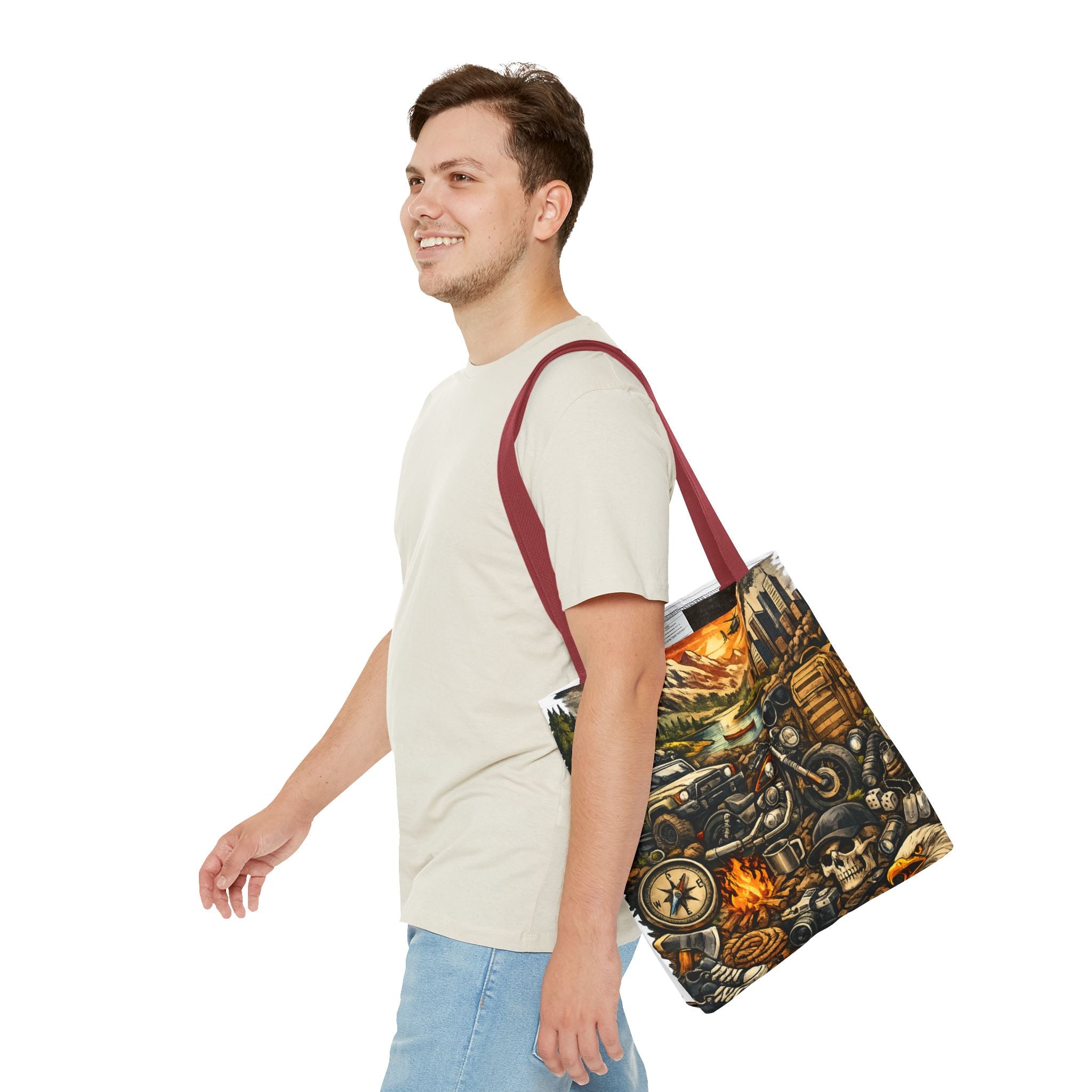 Adventure Motorcycle Tote Bag — Campfire Road Trip All-Over Print