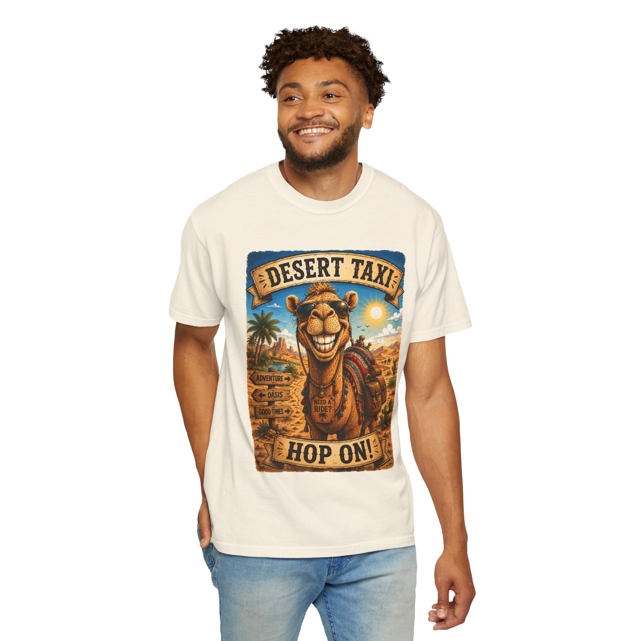 Desert Taxi Camel T-Shirt — 'Hop On!' Retro Desert Travel Tee