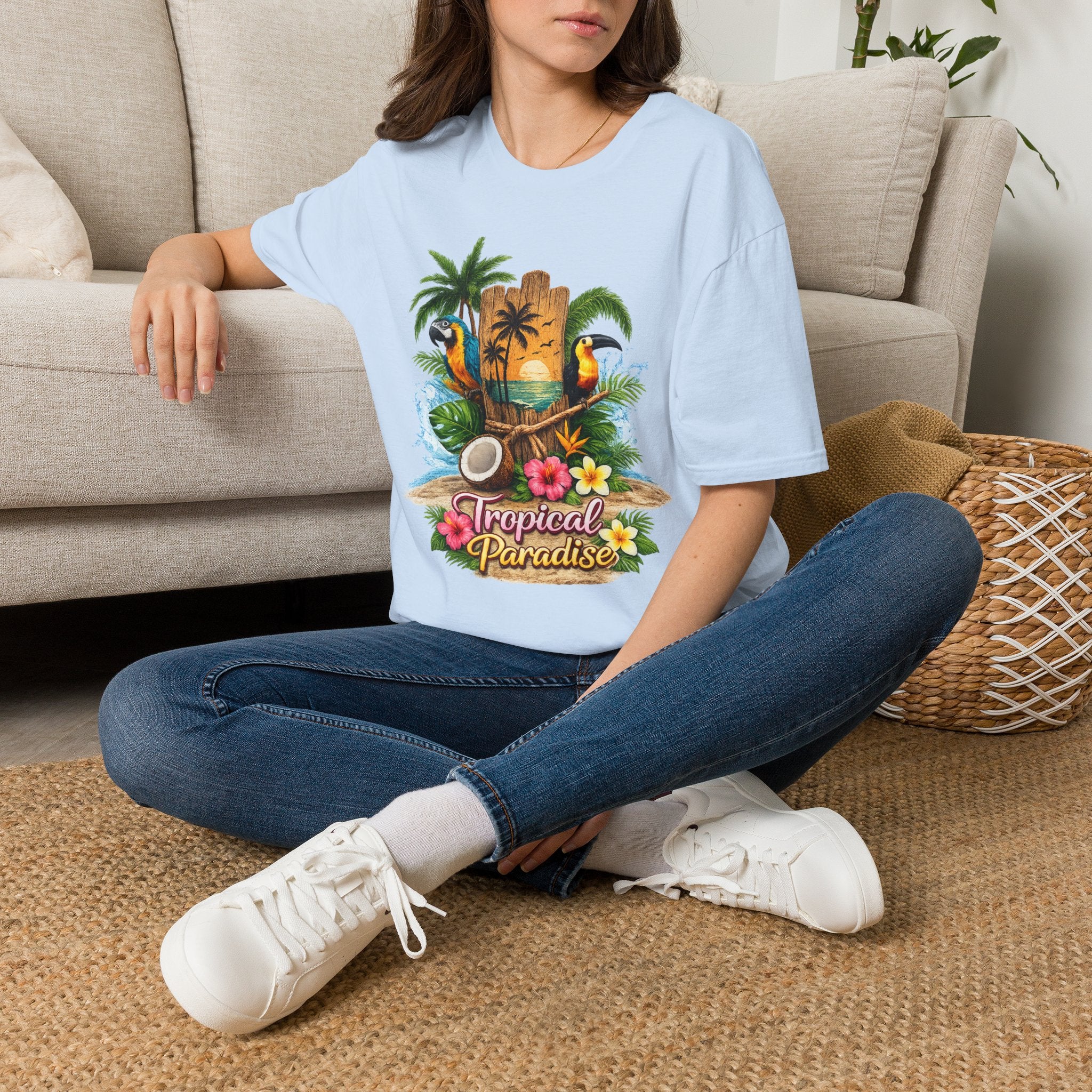 T-Shirt — Tropical Paradise Parrots Beach Graphic Tee