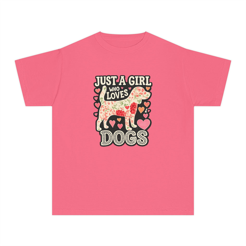 Youth Tee — "Just a Girl Who Loves Dogs" Cute Heart Dog Graphic