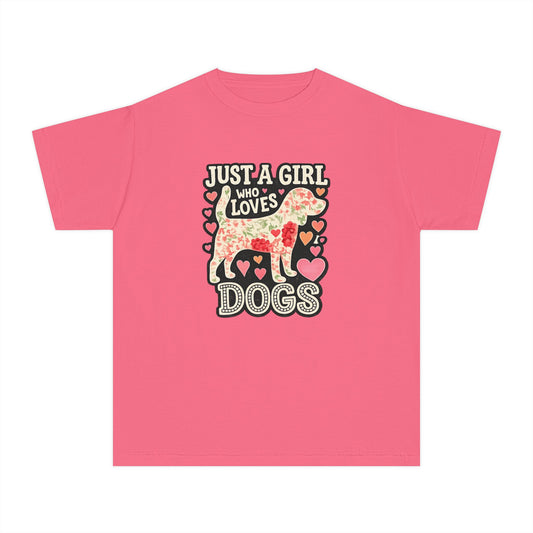 Youth Tee — "Just a Girl Who Loves Dogs" Cute Heart Dog Graphic