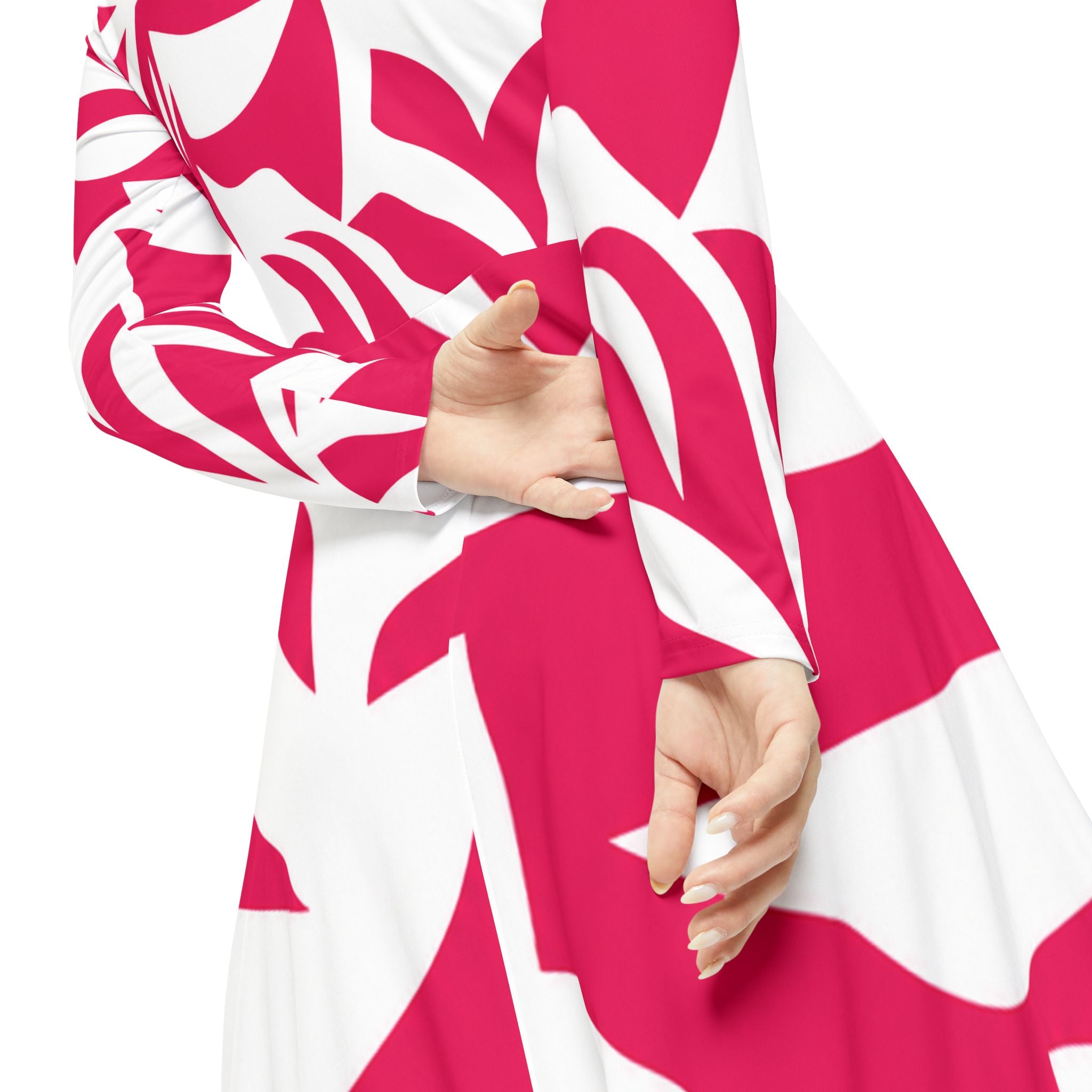Pink Abstract Floral Dance Dress — Women's Long Sleeve Twirl Dress