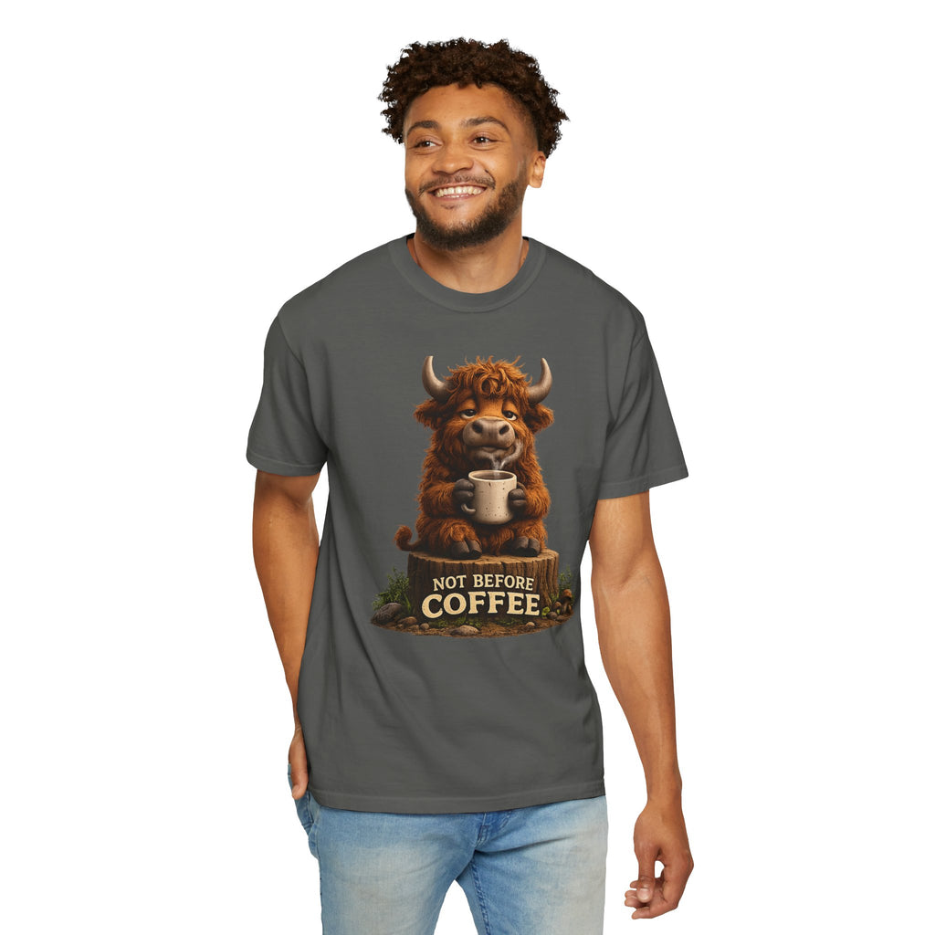 T-Shirt — Cute Highland Cow 'Not Before Coffee' Graphic Tee