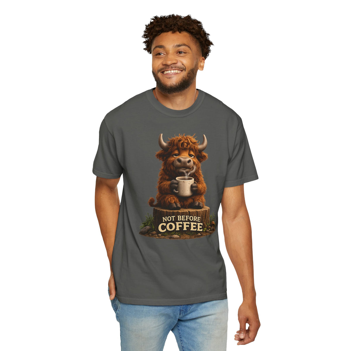 T-Shirt — Cute Highland Cow 'Not Before Coffee' Graphic Tee