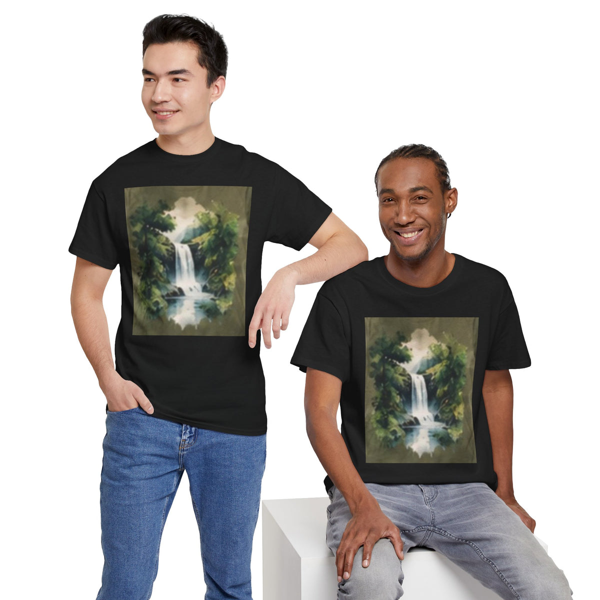 Waterfall Landscape T-Shirt — Vintage Forest Nature Tee