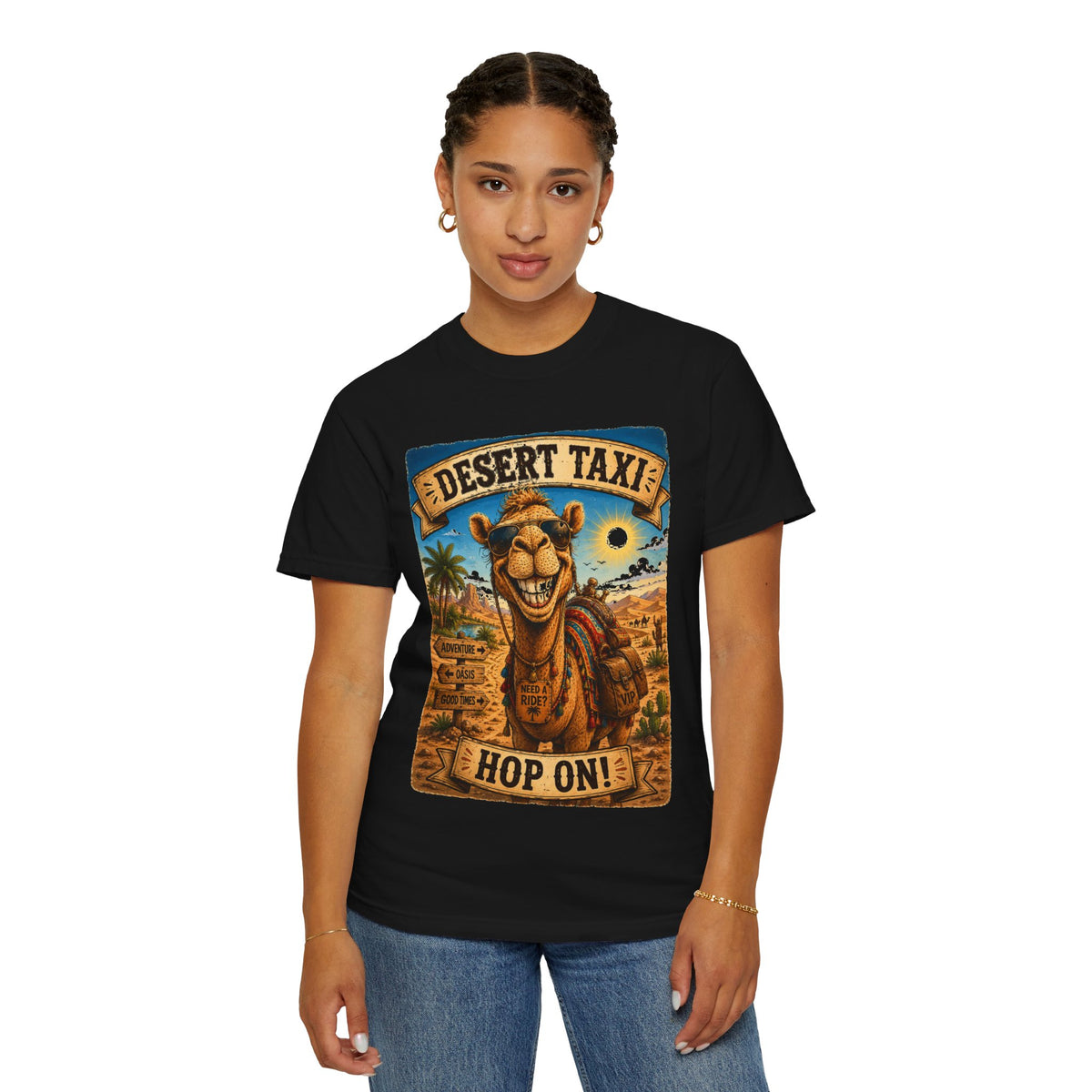 Desert Taxi Camel T-Shirt — 'Hop On!' Retro Desert Travel Tee