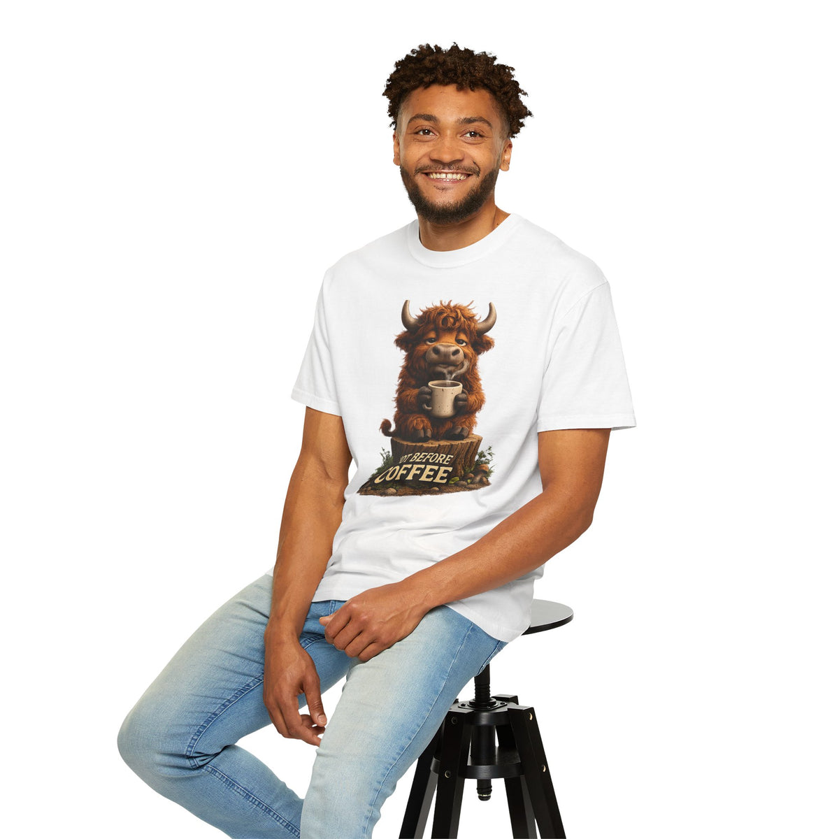 T-Shirt — Cute Highland Cow 'Not Before Coffee' Graphic Tee
